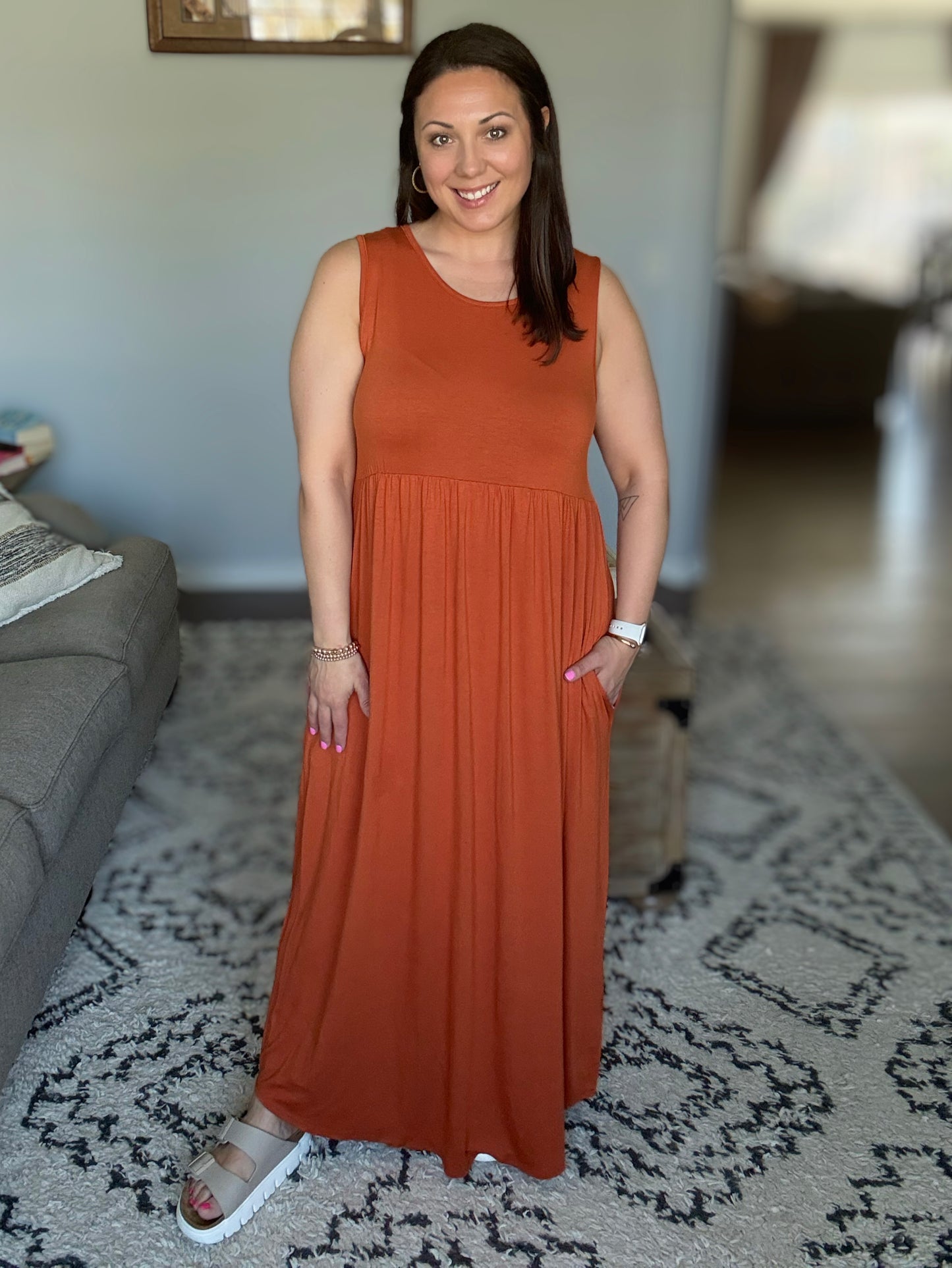 BOMBOM Sleeveless Maxi Dress with Pockets in Rust
