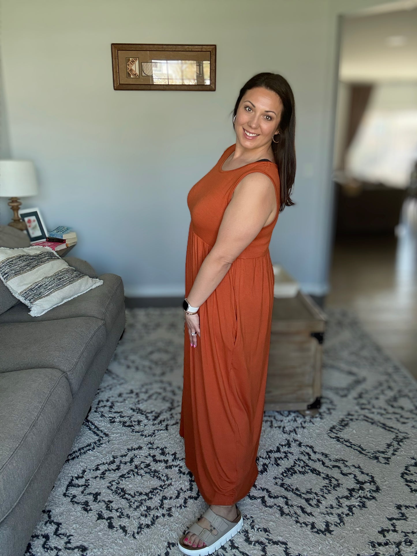 BOMBOM Sleeveless Maxi Dress with Pockets in Rust