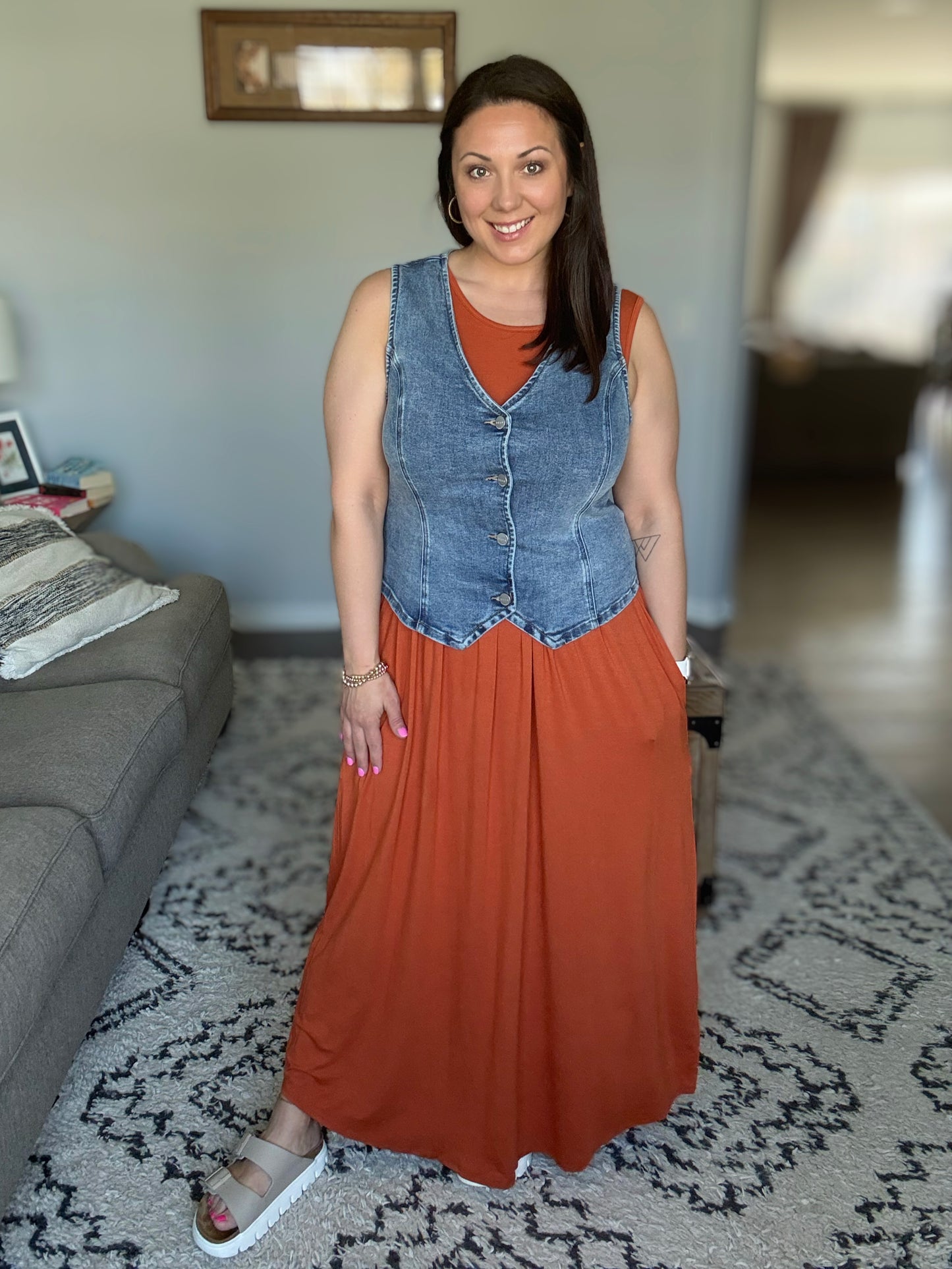 BOMBOM Sleeveless Maxi Dress with Pockets in Rust