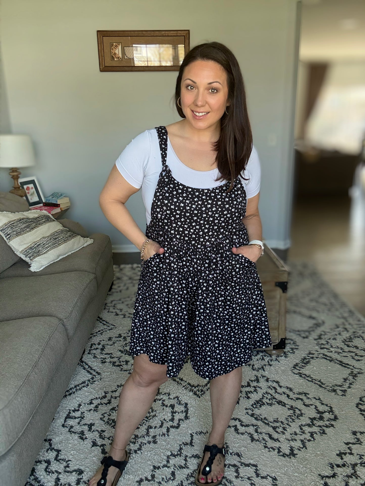 BOMBOM Floral Print Overalls with Pockets