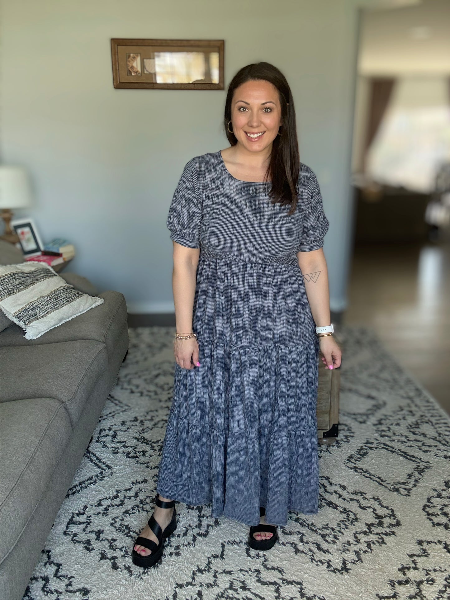 BOMBOM Textured Short Sleeve Tiered Maxi Dress