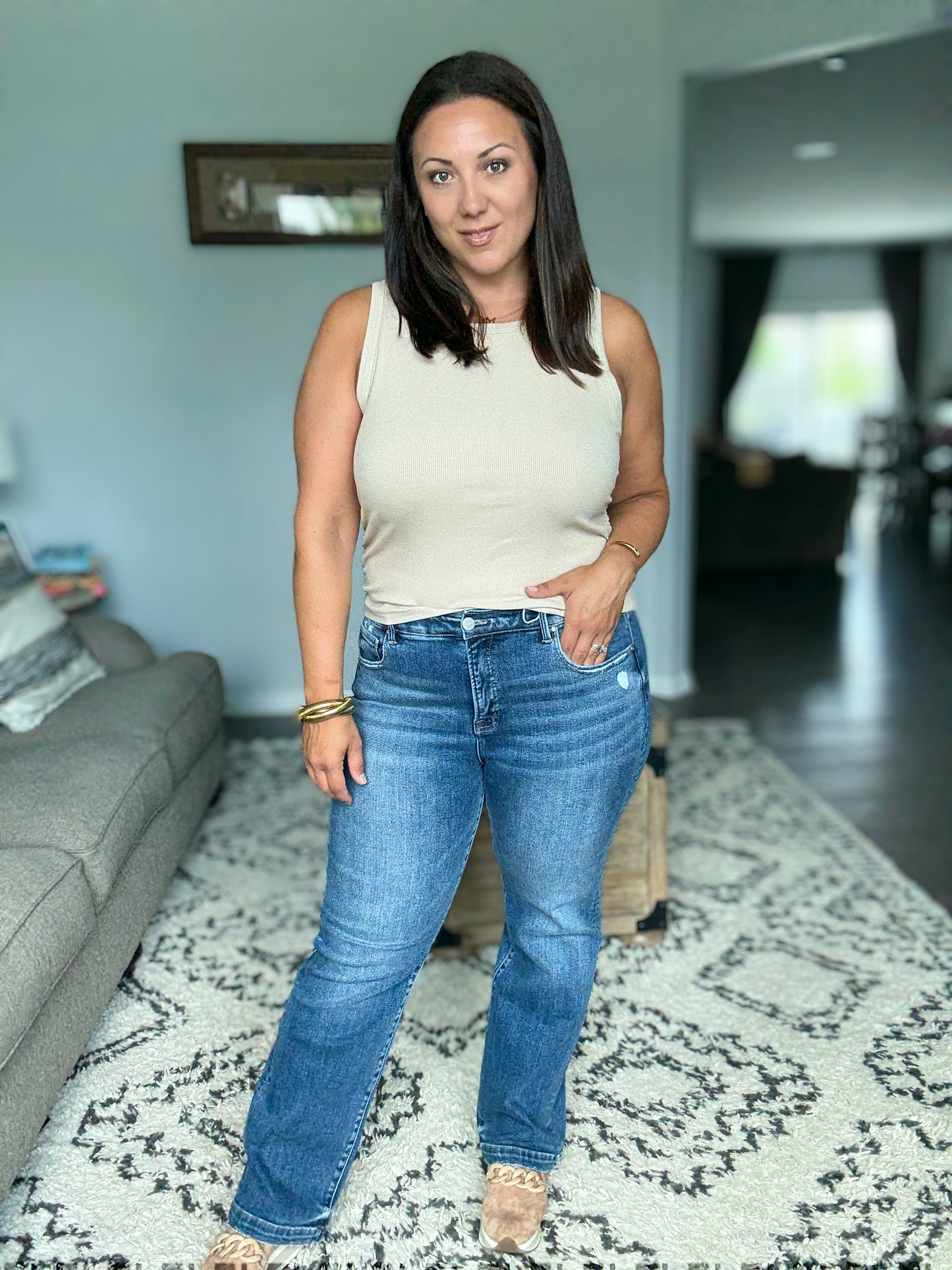 RISEN Sydney Tummy Control Elastic Band Mid Rise Straight Jeans