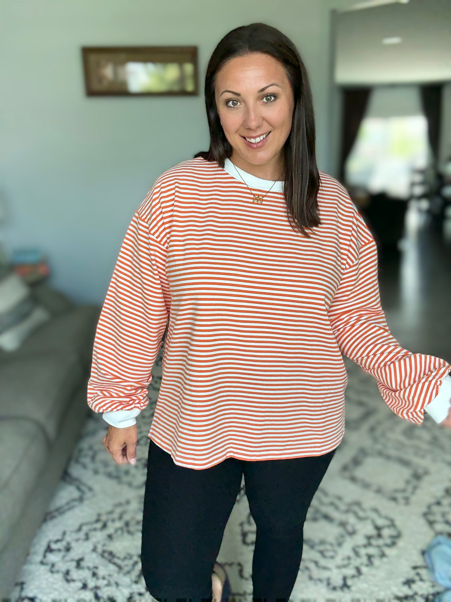 BiBi French Terry Stripe Long Sleeve Sweatshirt in Orange
