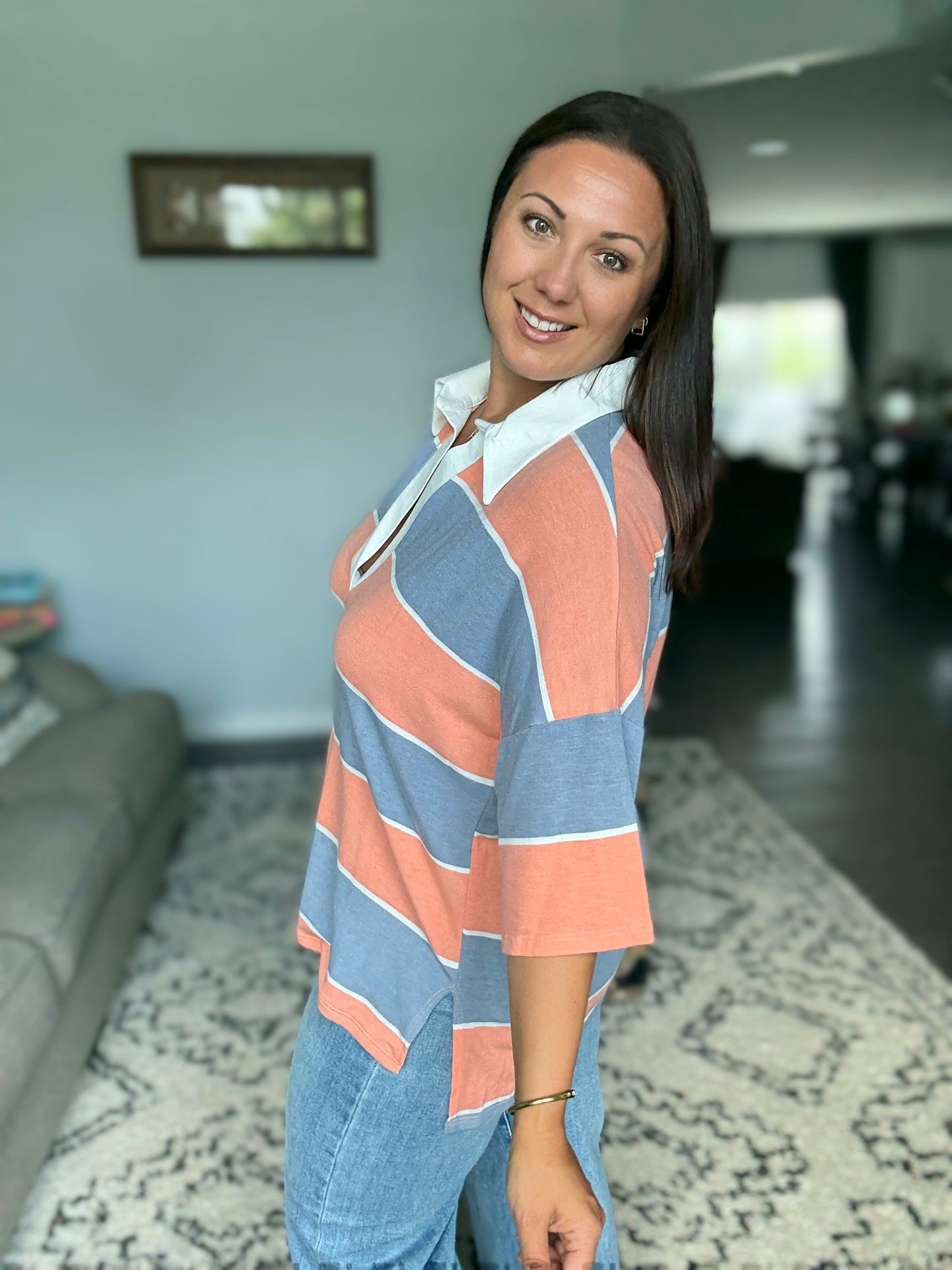 Cloudbound Collared Casual Top in Orange and Denim