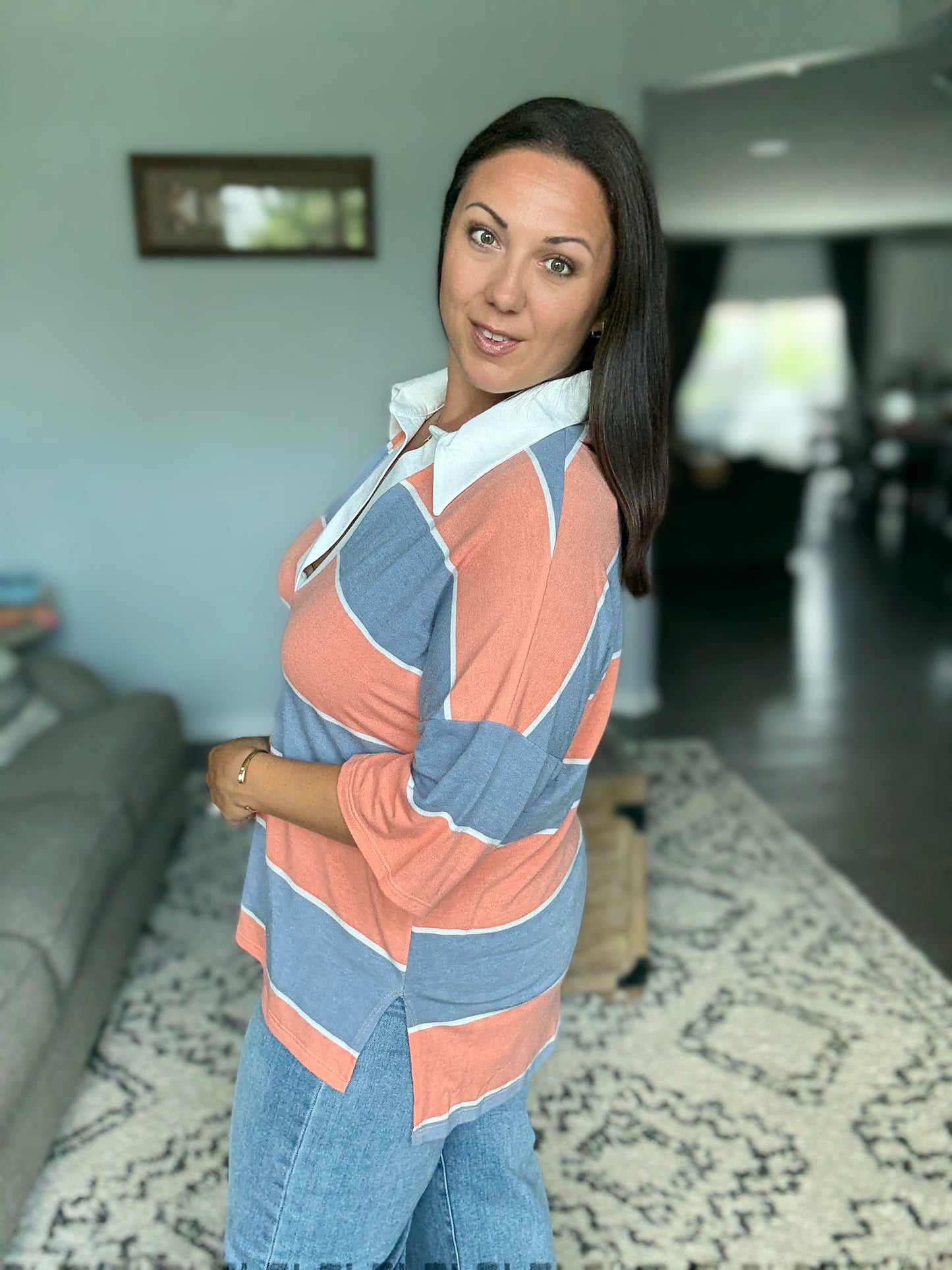 Cloudbound Collared Casual Top in Orange and Denim