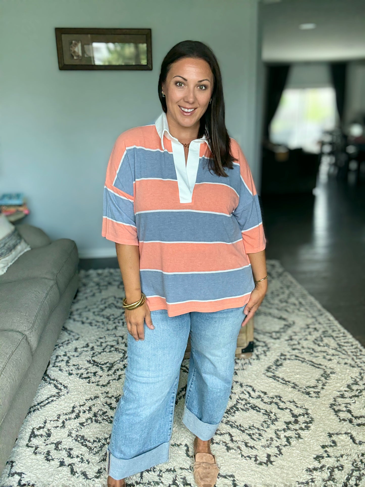 Cloudbound Collared Casual Top in Orange and Denim
