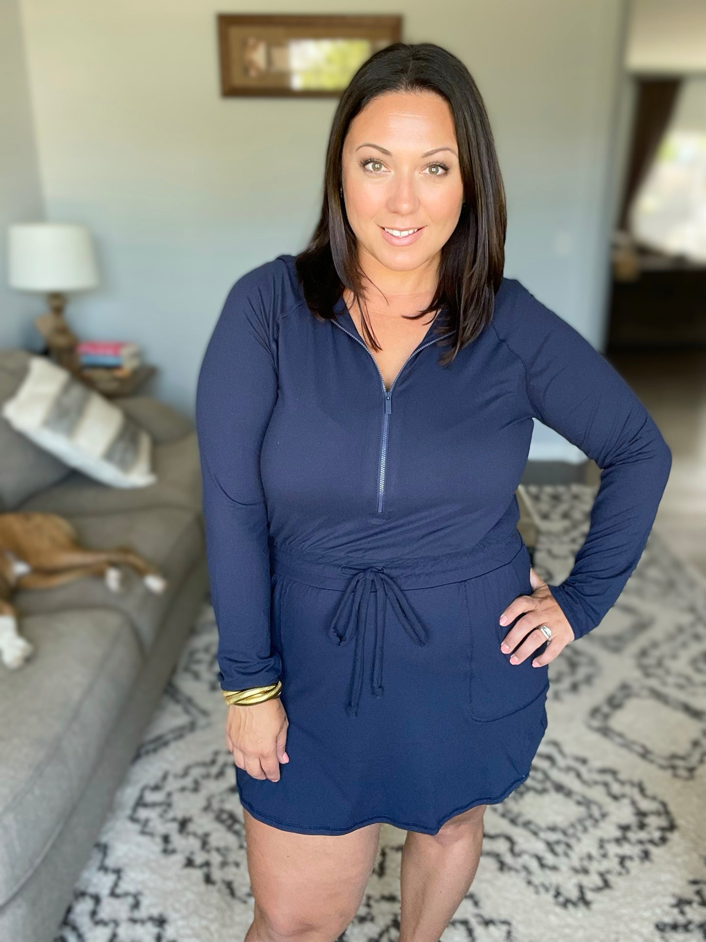 Getting Out Long Sleeve Hoodie Romper in Navy