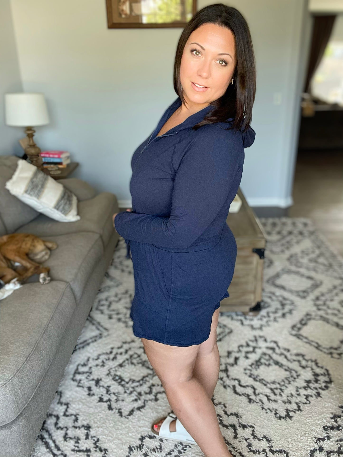 Getting Out Long Sleeve Hoodie Romper in Navy