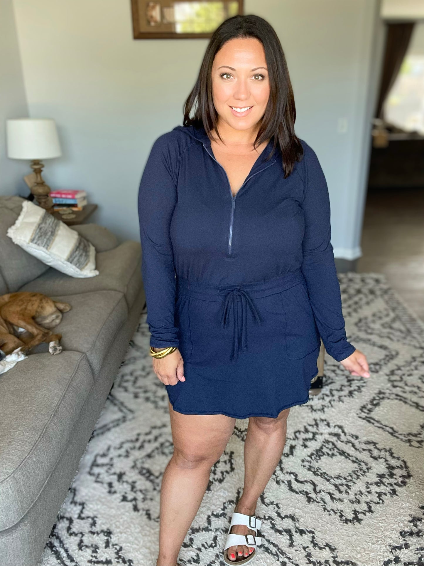 Getting Out Long Sleeve Hoodie Romper in Navy