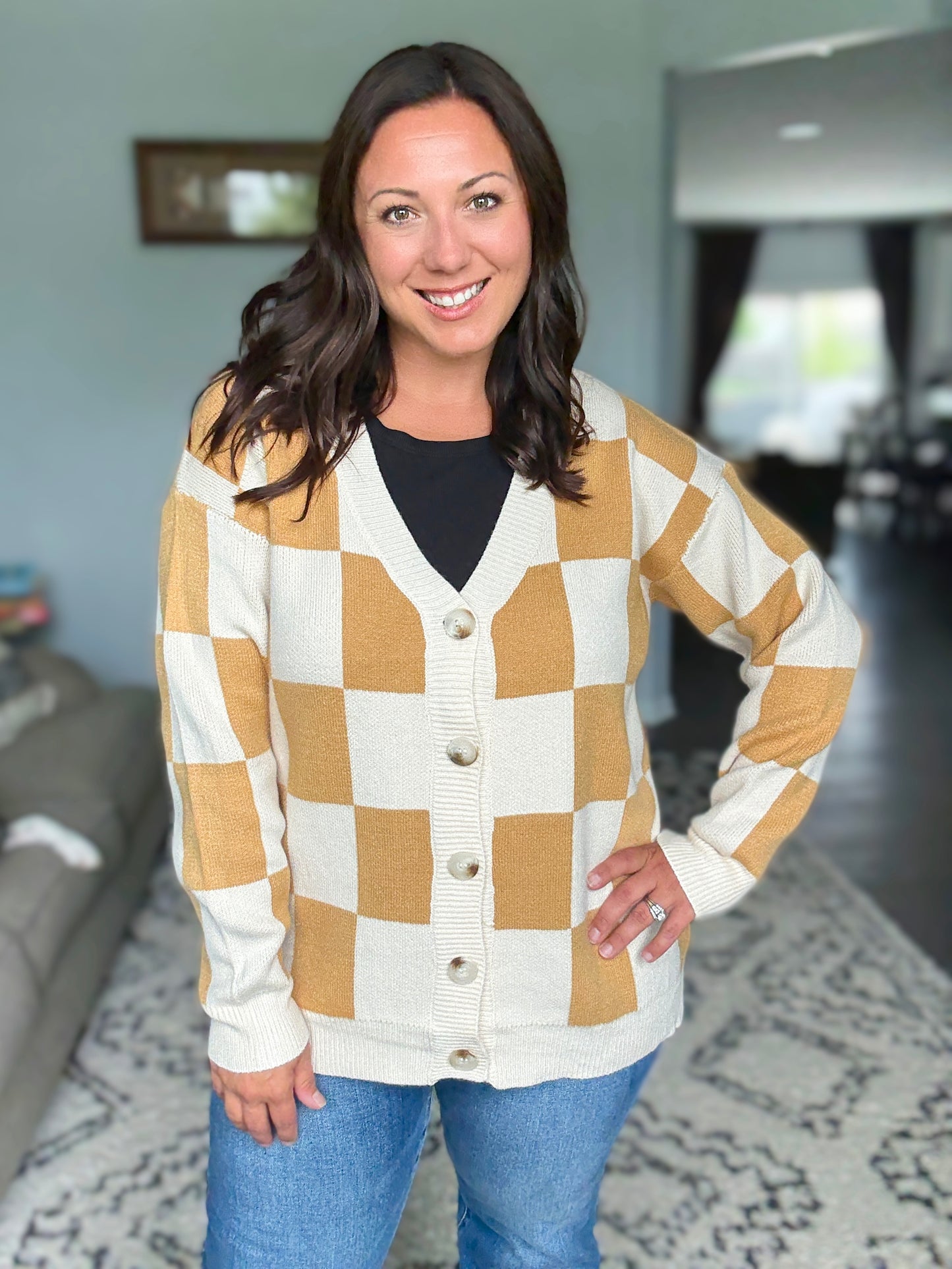 BiBi Checkered V-neck Cardigan
