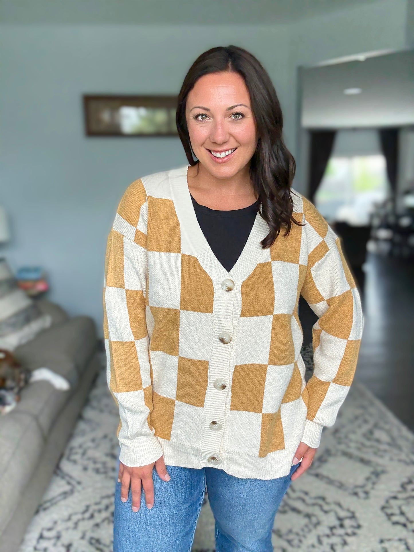 BiBi Checkered V-neck Cardigan