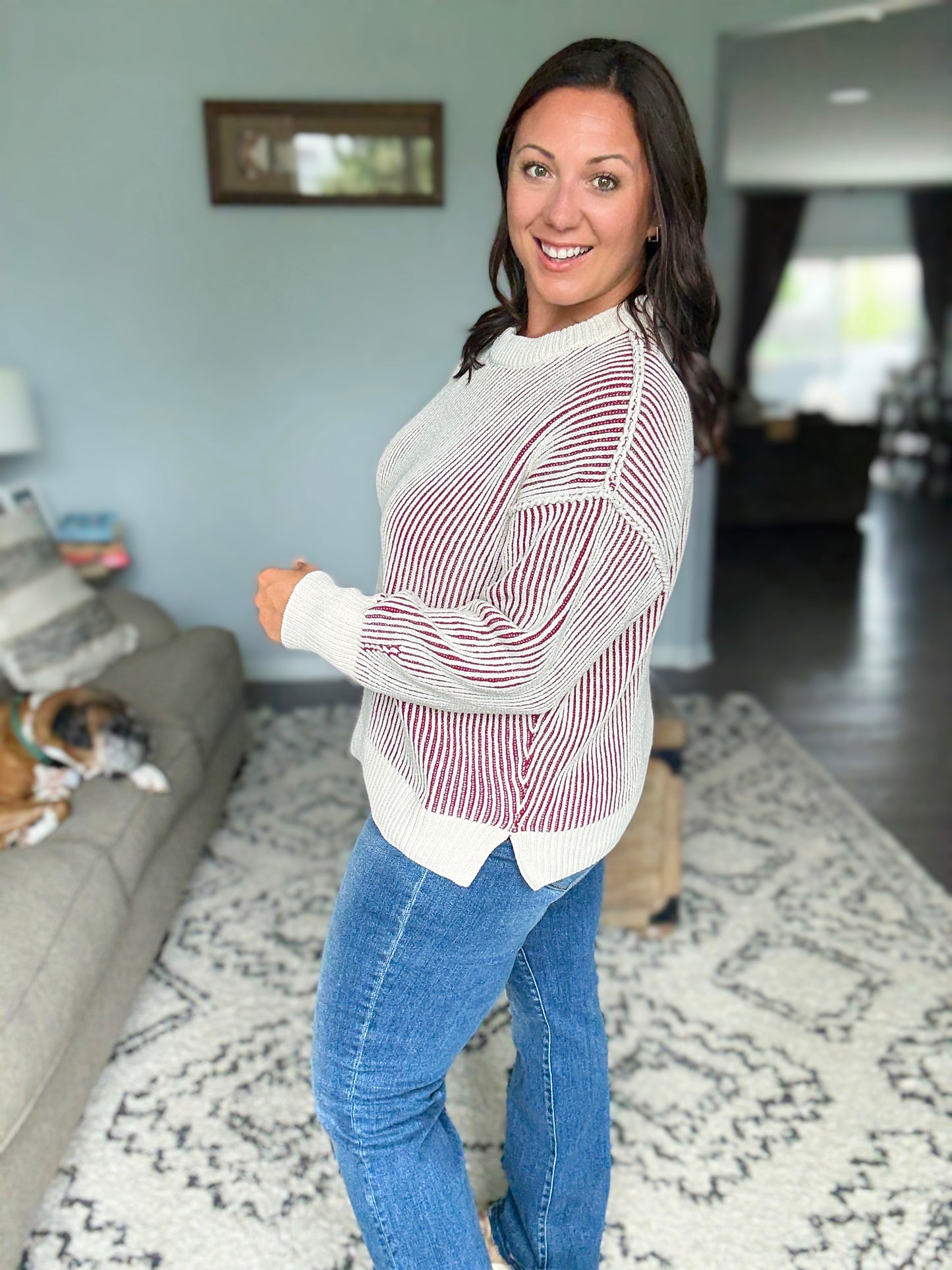 Zenana Two Tone Crewneck Sweater in Cabernet