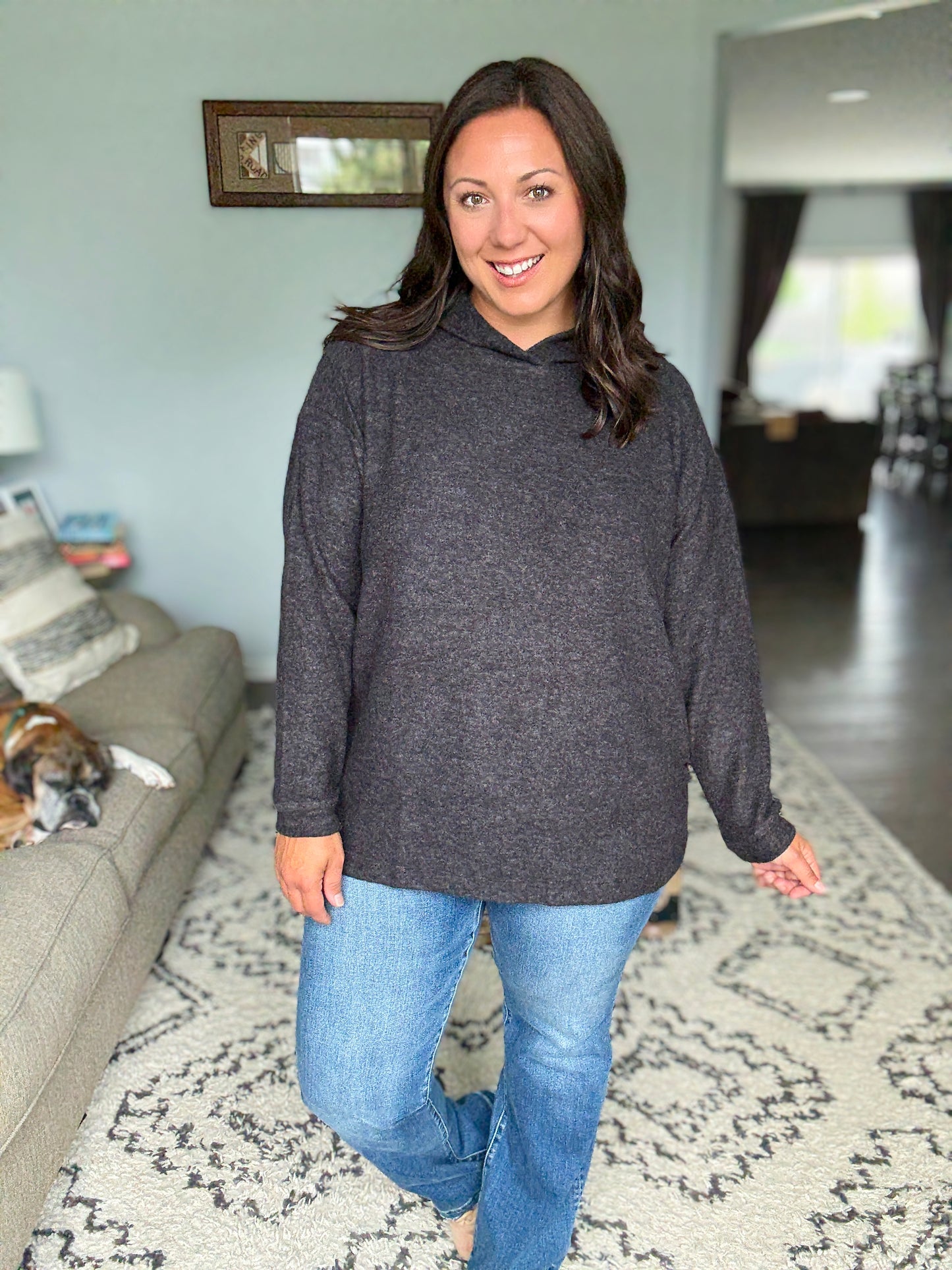 Zenana Basically My Favorite Hooded Brushed Melange Hacci Pullover in Black