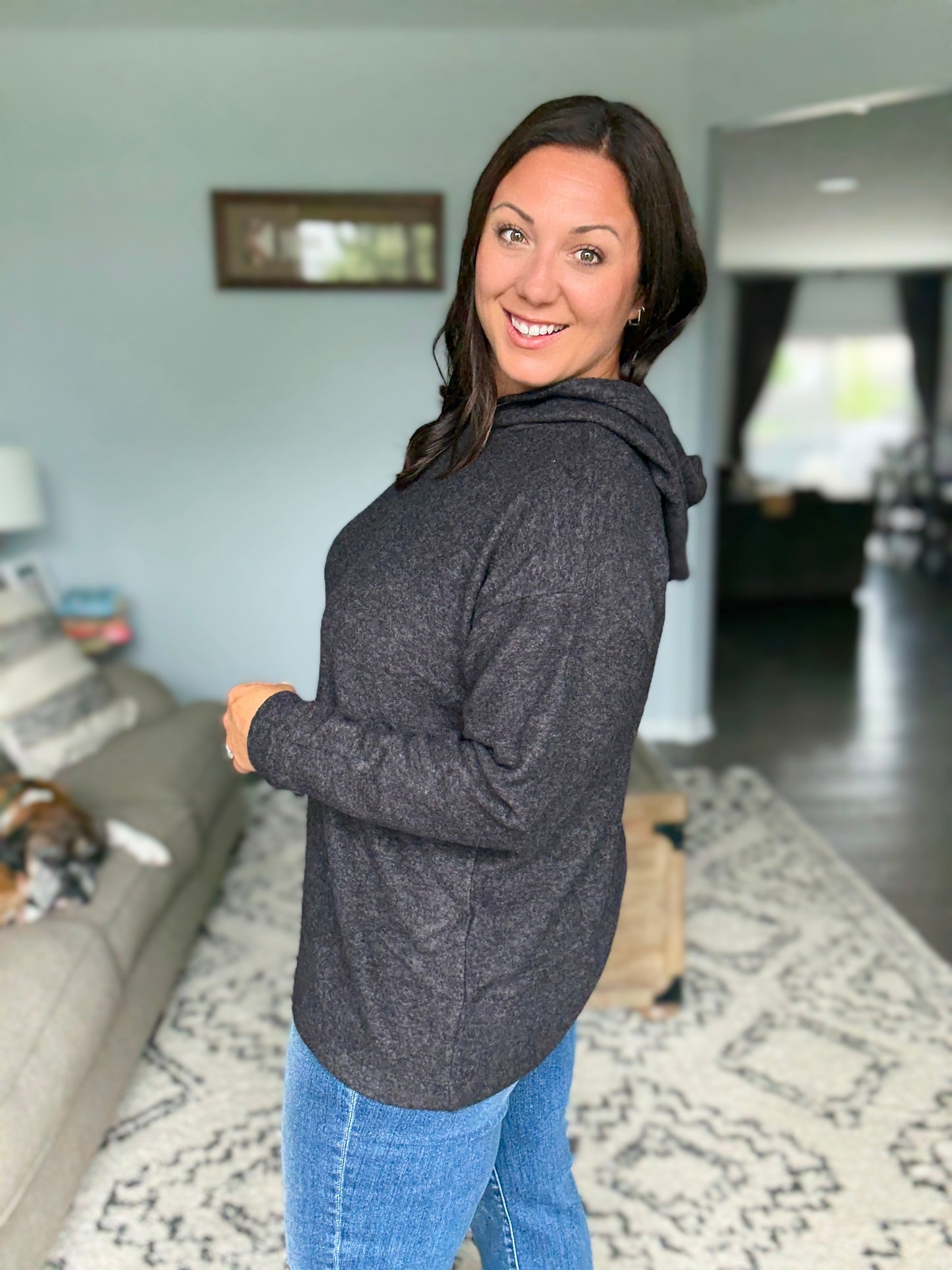 Zenana Basically My Favorite Hooded Brushed Melange Hacci Pullover in Black