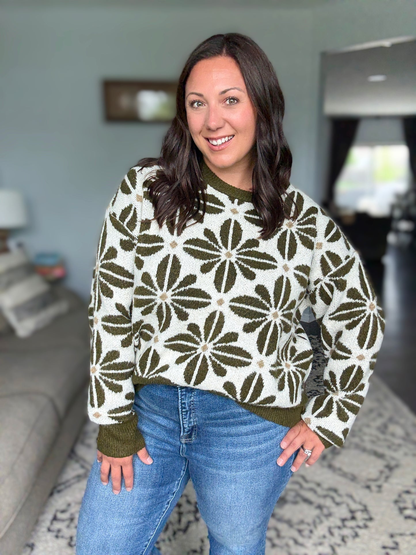 BiBi Flower Pattern Long Sleeve Sweater in Olive