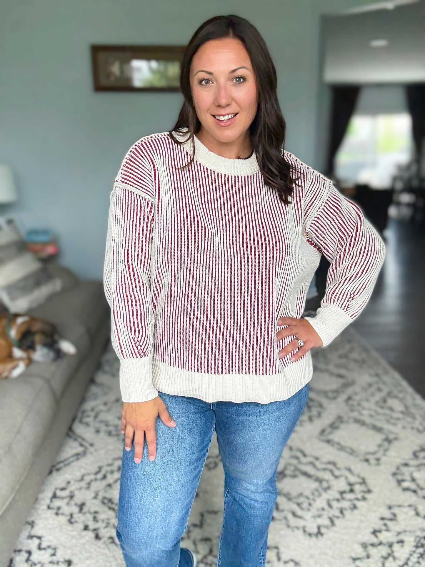 Zenana Two Tone Crewneck Sweater in Cabernet