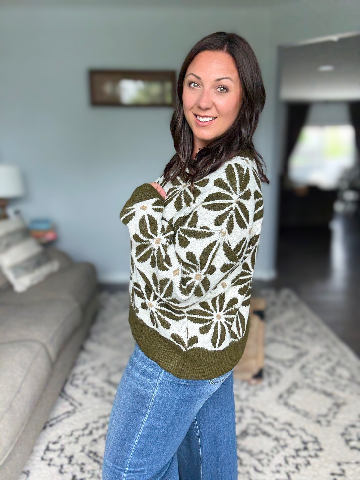 BiBi Flower Pattern Long Sleeve Sweater in Olive