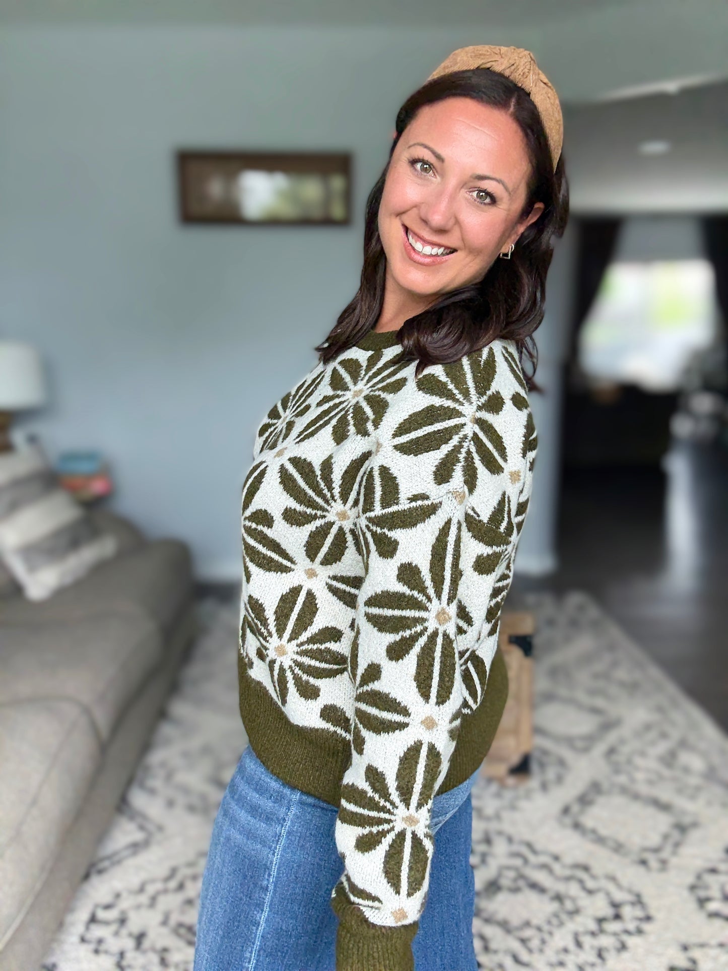 BiBi Flower Pattern Long Sleeve Sweater in Olive