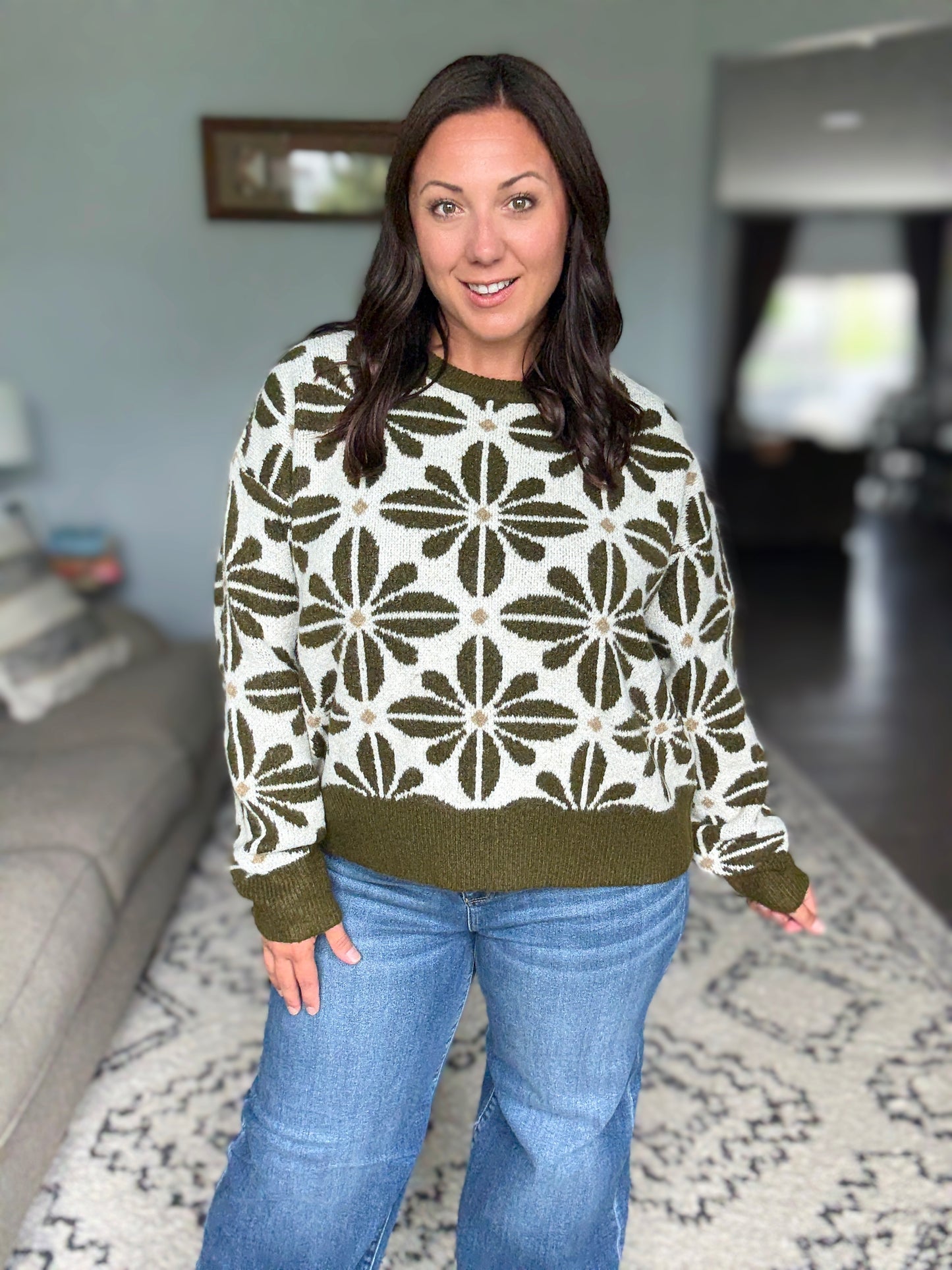 BiBi Flower Pattern Long Sleeve Sweater in Olive