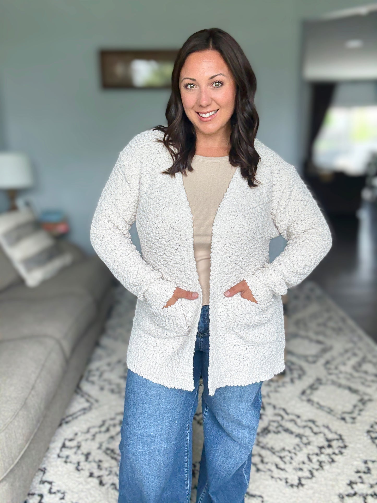 Zenana Long Sleeve Popcorn Sweater Cardigan with Pockets in Sand Beige