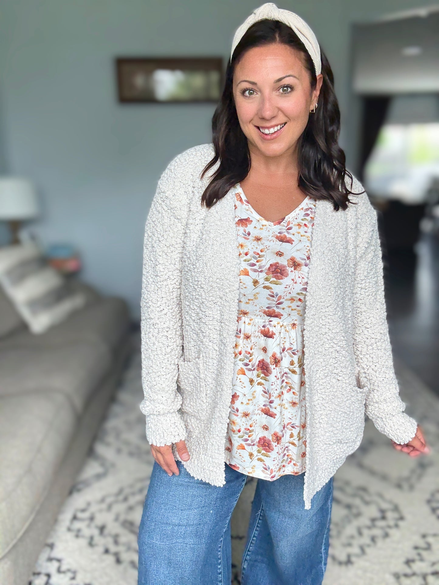 Zenana Long Sleeve Popcorn Sweater Cardigan with Pockets in Sand Beige