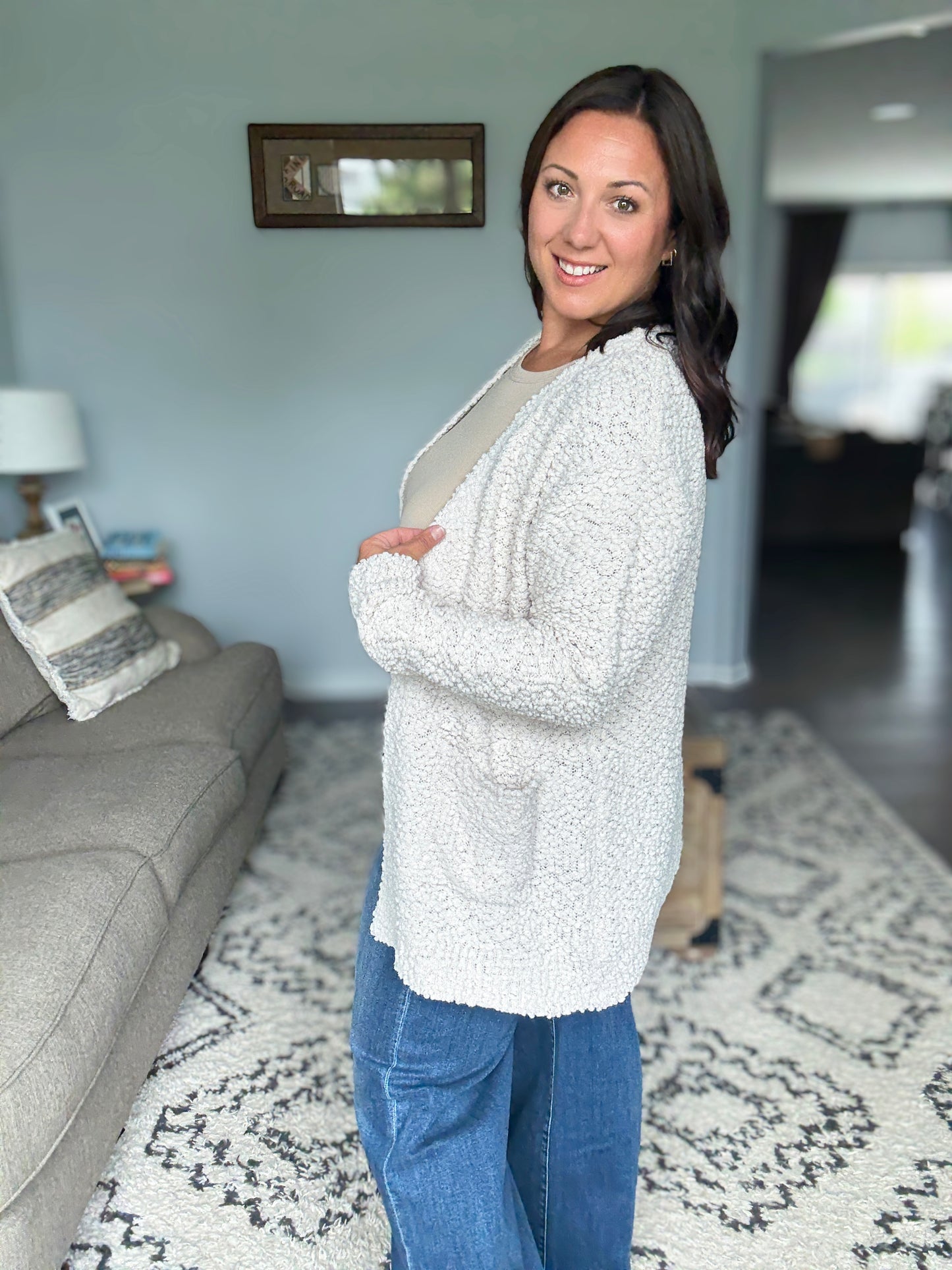 Zenana Long Sleeve Popcorn Sweater Cardigan with Pockets in Sand Beige