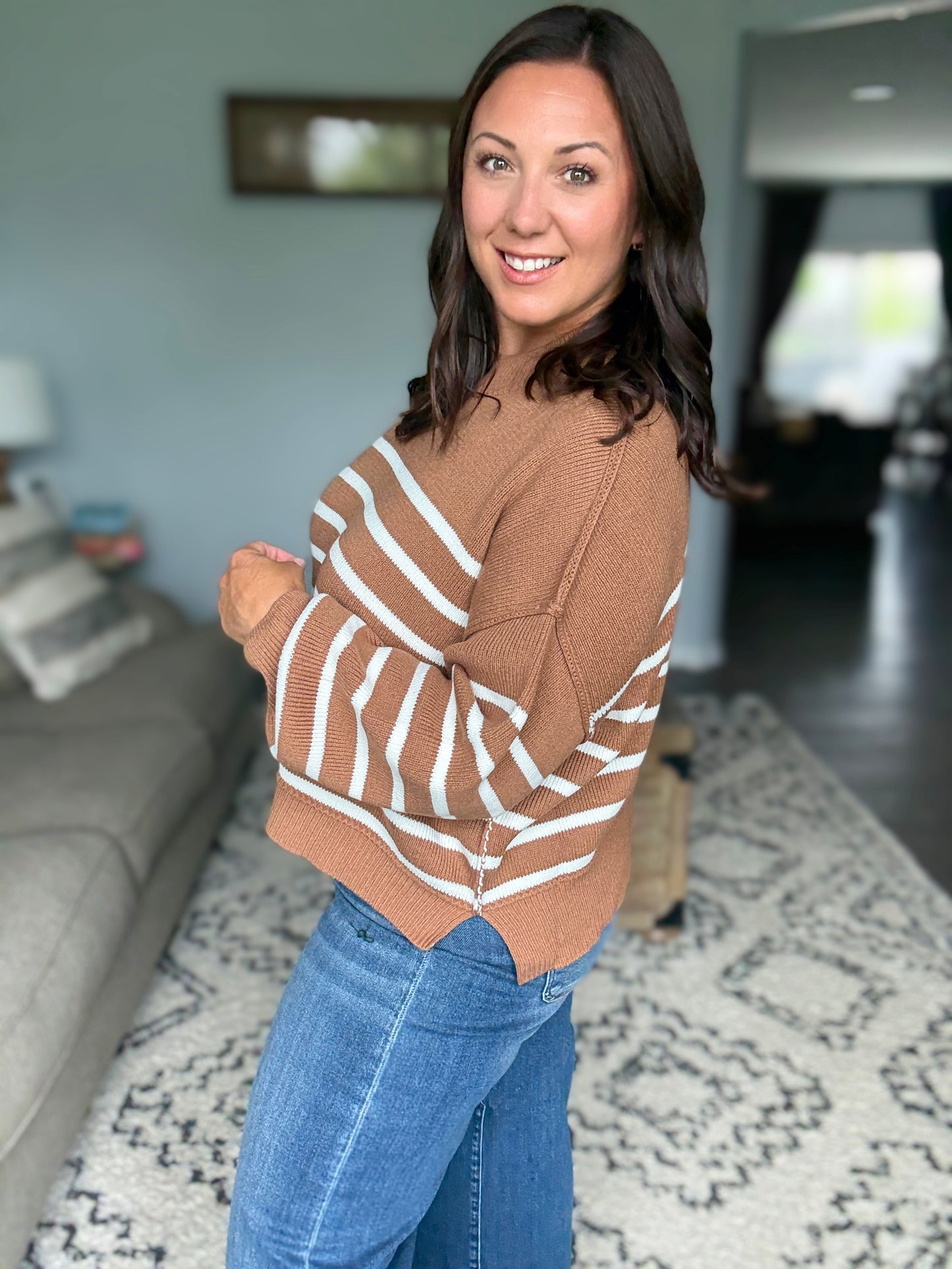 Zenana Exposed Seam Striped Oversized Sweater in Pecan/Camel