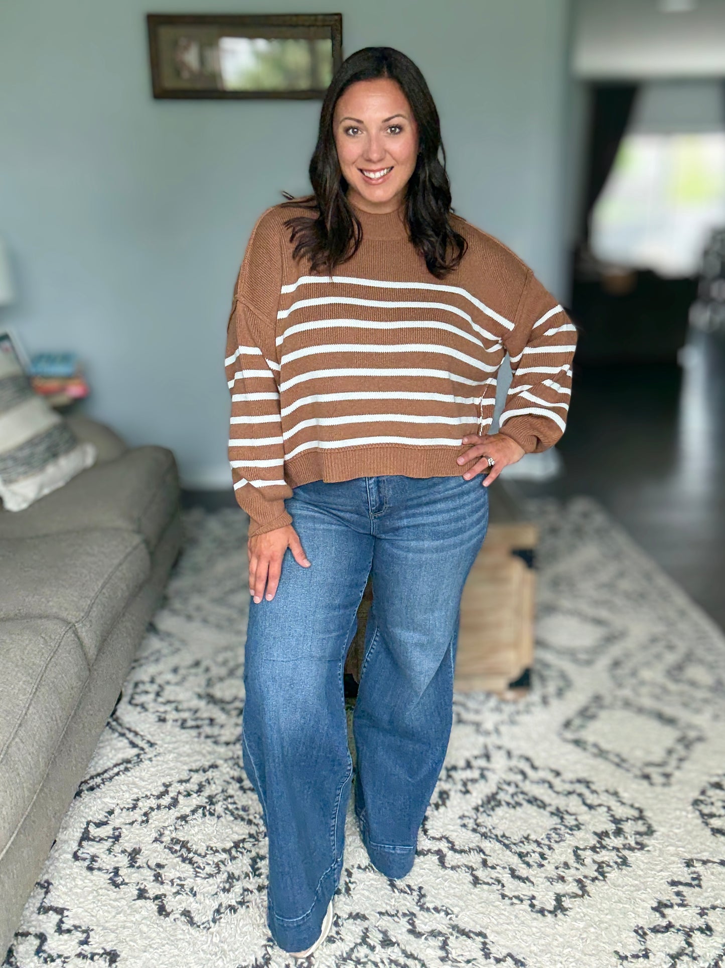 Zenana Exposed Seam Striped Oversized Sweater in Pecan/Camel