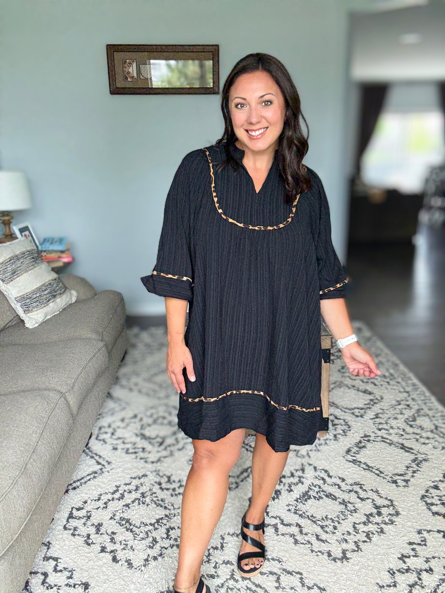 Umgee Full Size Textured Babydoll Dress with Leopard Trim in Black