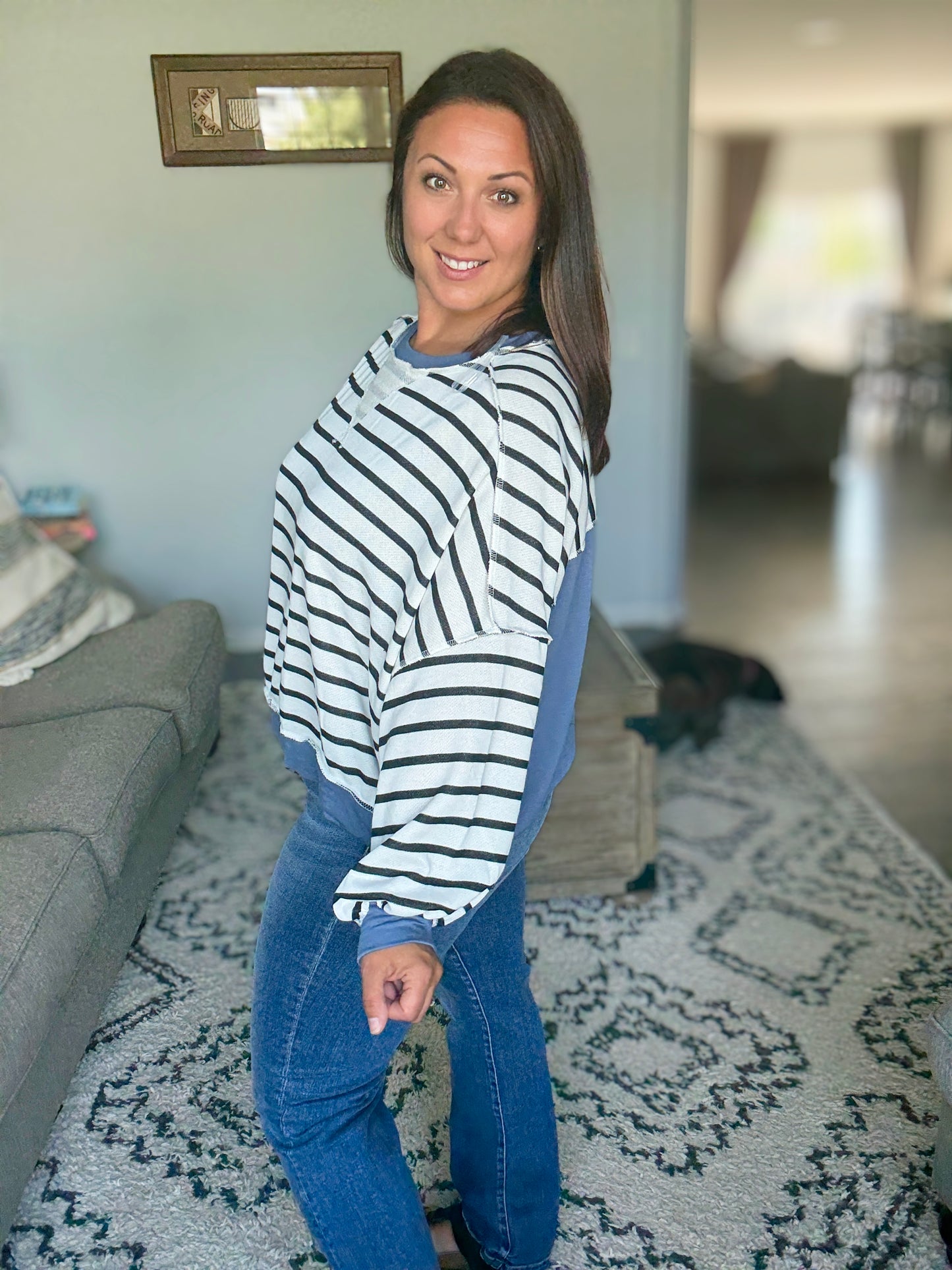 Cute in Comfort Crew Neck Pullover in White, Black and Denim