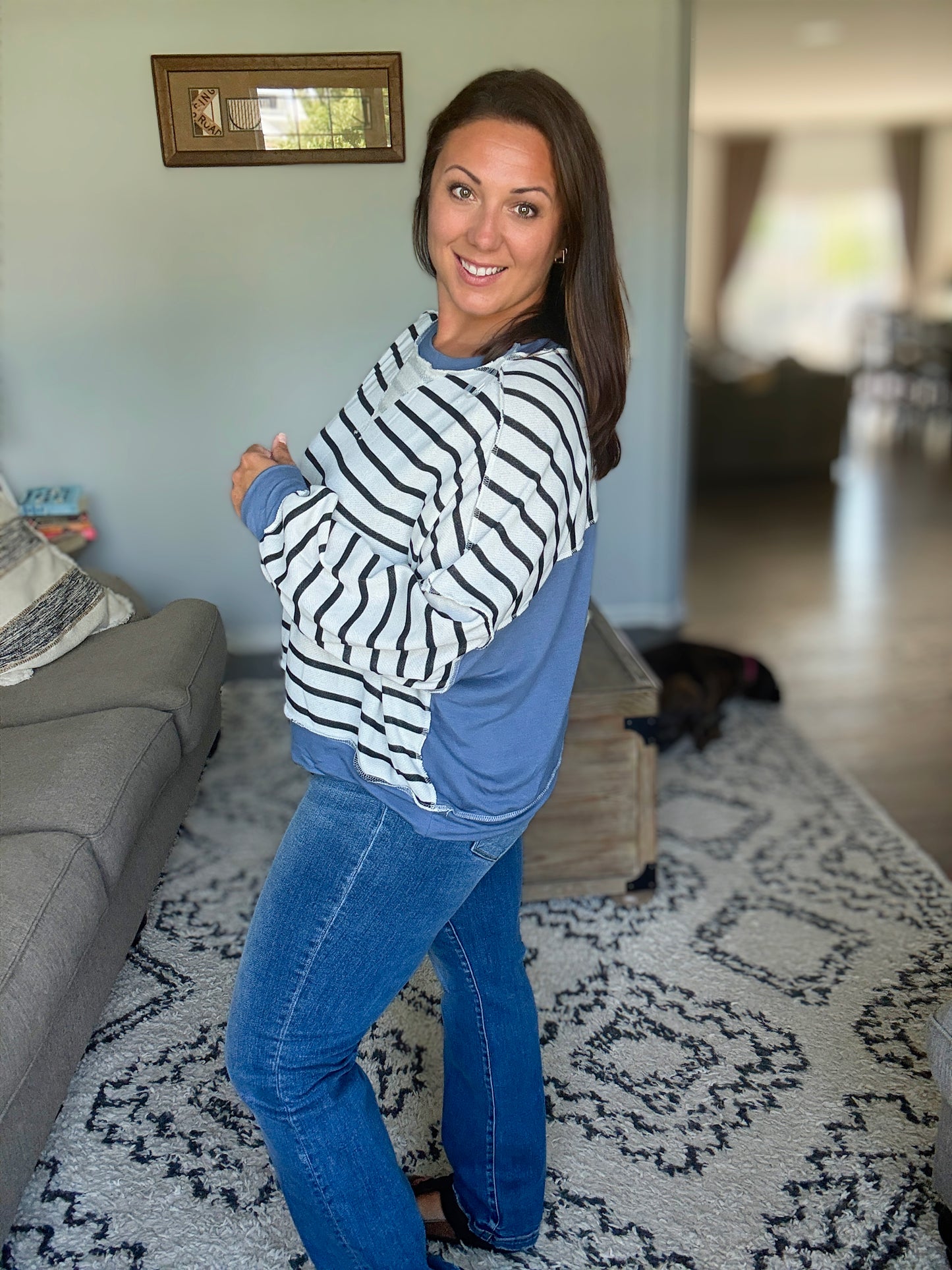 Cute in Comfort Crew Neck Pullover in White, Black and Denim