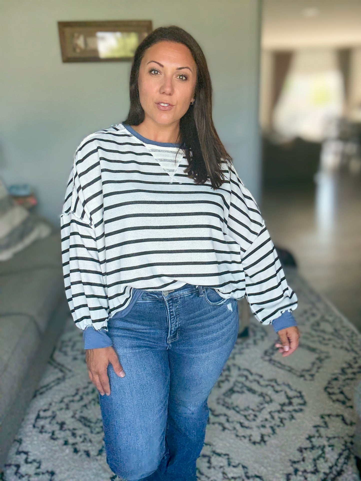 Cute in Comfort Crew Neck Pullover in White, Black and Denim
