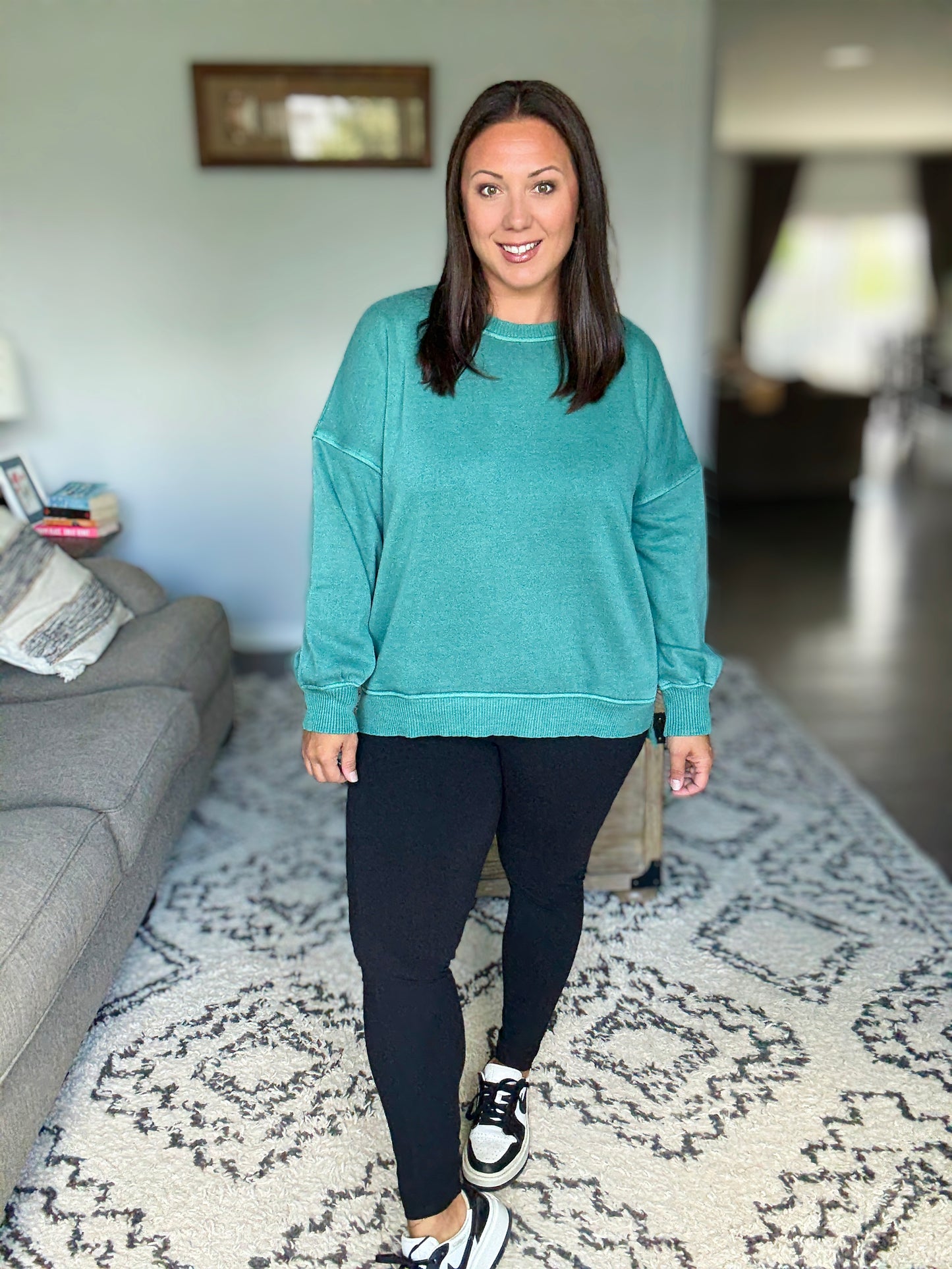 Talk Cozy to Me Stepped Hem Pullover in Dark Green