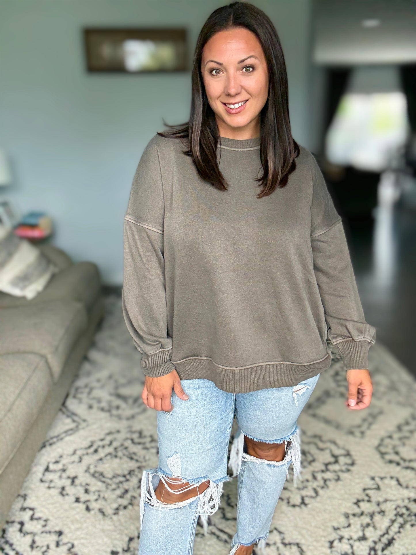 Talk Cozy to Me Stepped Hem Pullover in Brown