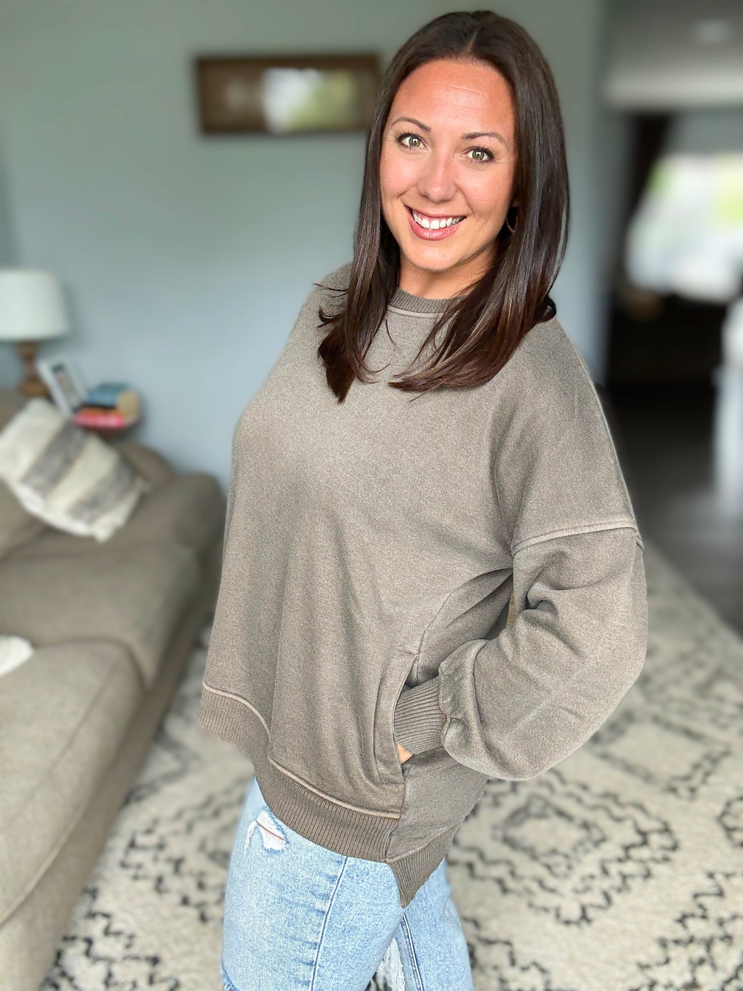 Talk Cozy to Me Stepped Hem Pullover in Brown