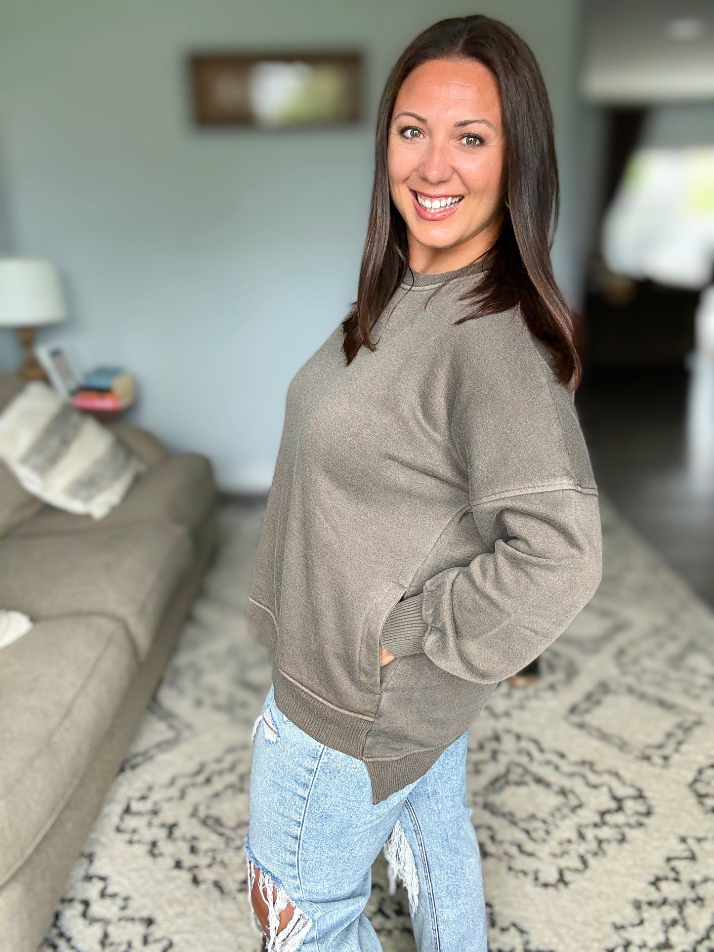 Talk Cozy to Me Stepped Hem Pullover in Brown