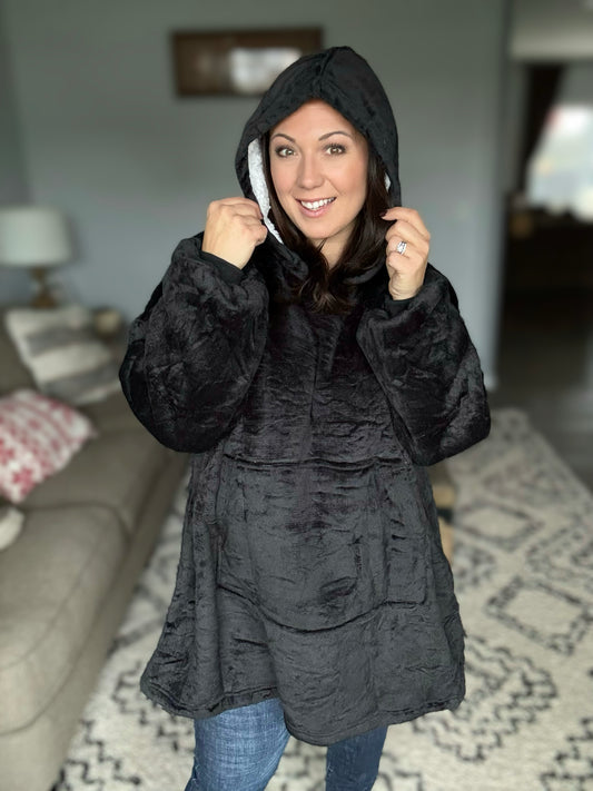 Oversized Velour Blanket Hoodie in Black