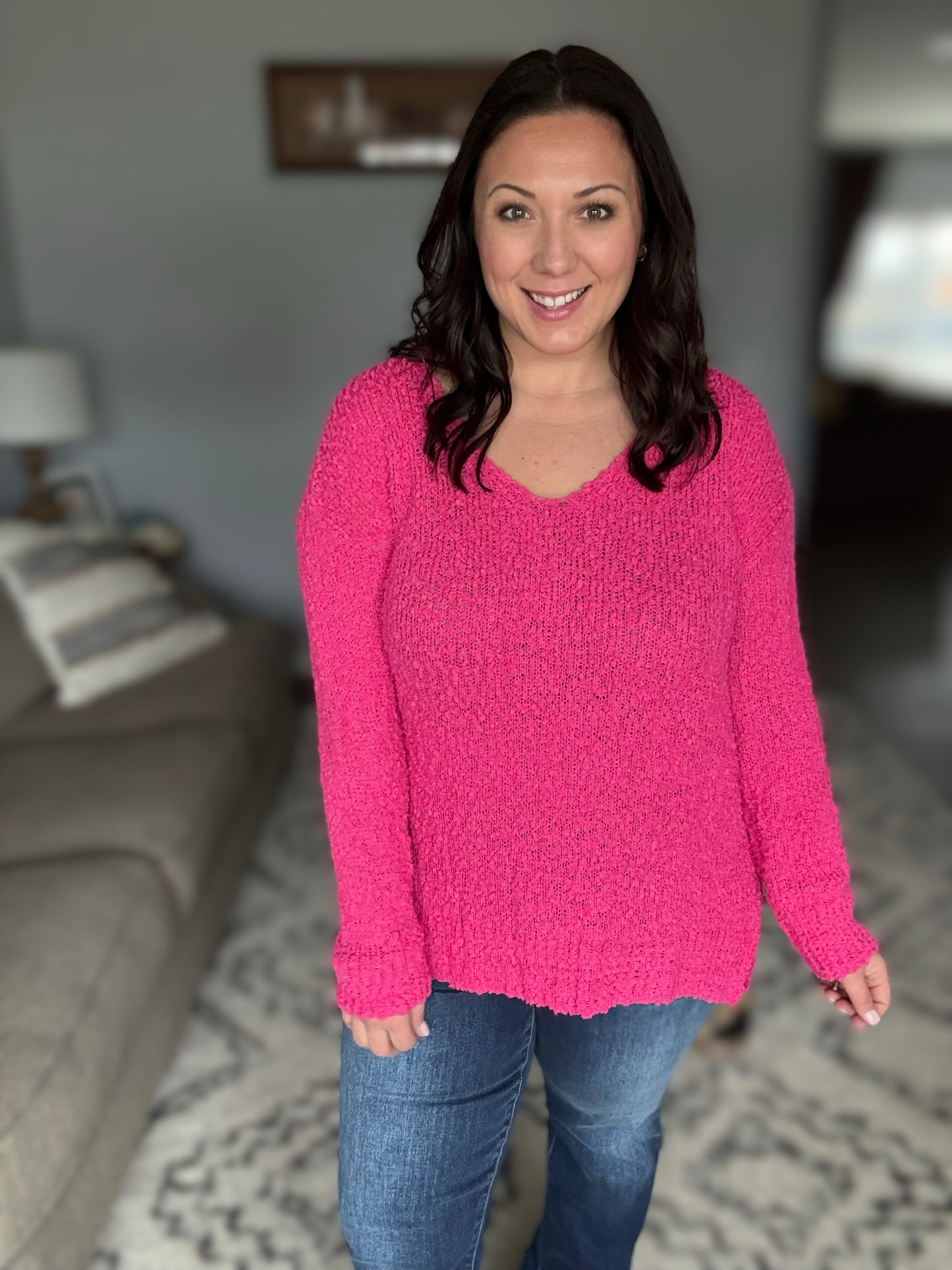 ADORA High-Low Side Slit V-Neck Sweater in Hot Pink