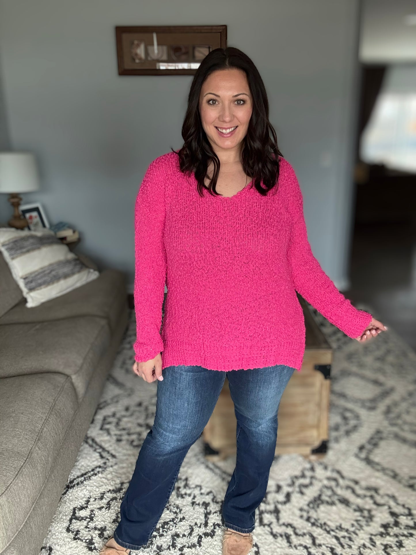 ADORA High-Low Side Slit V-Neck Sweater in Hot Pink