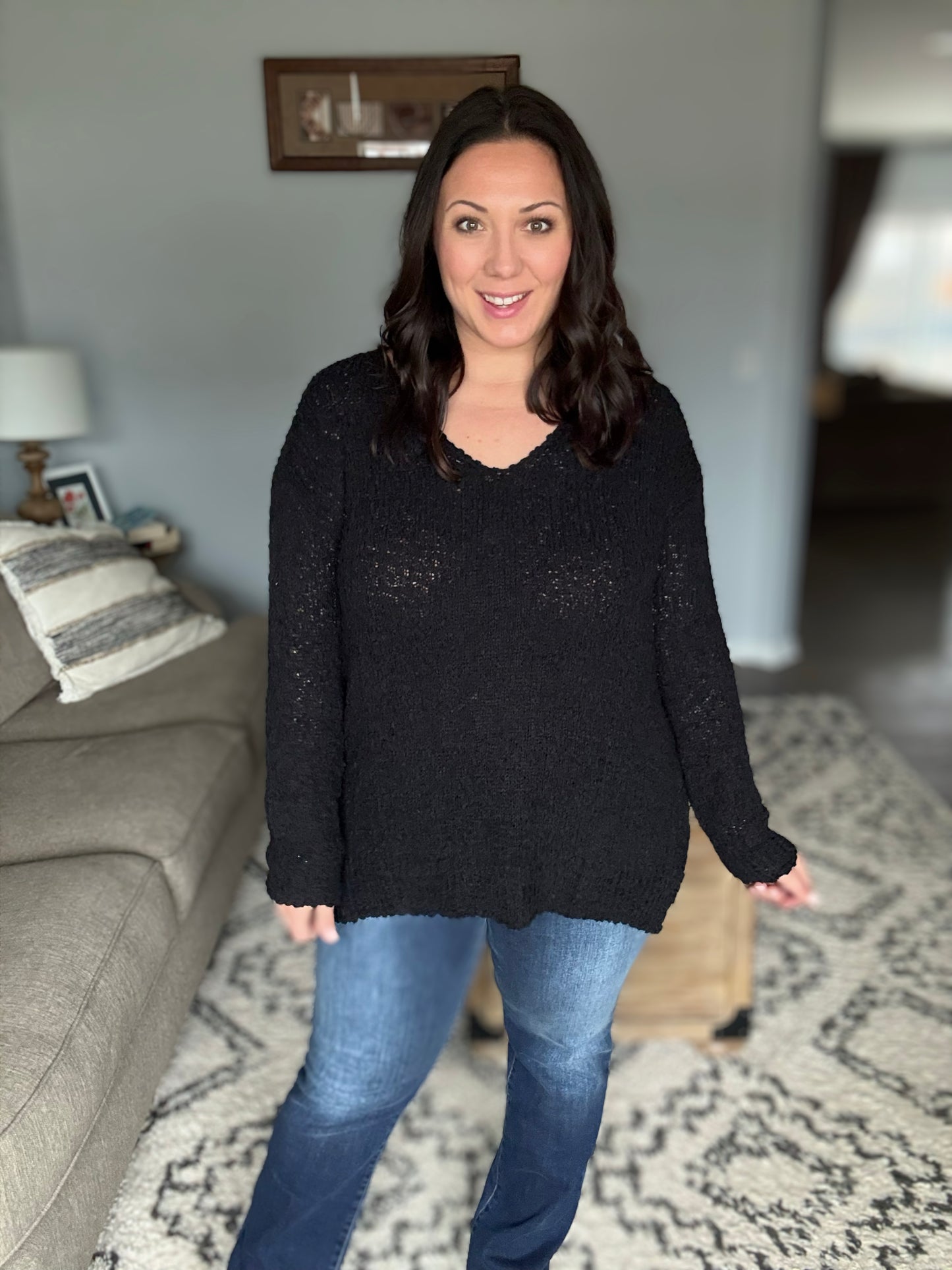 ADORA High-Low Side Slit V-Neck Sweater in Black