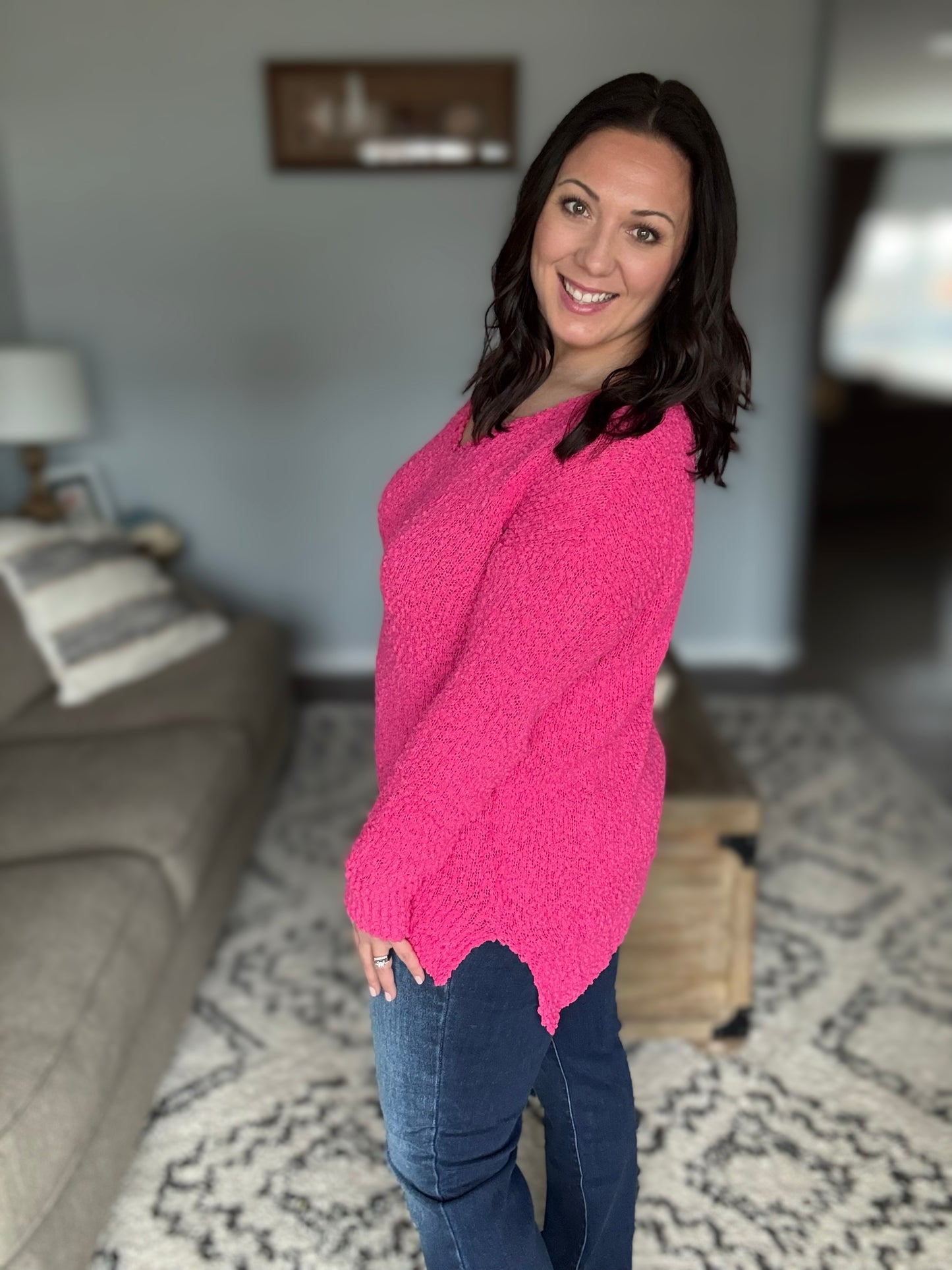 ADORA High-Low Side Slit V-Neck Sweater in Hot Pink