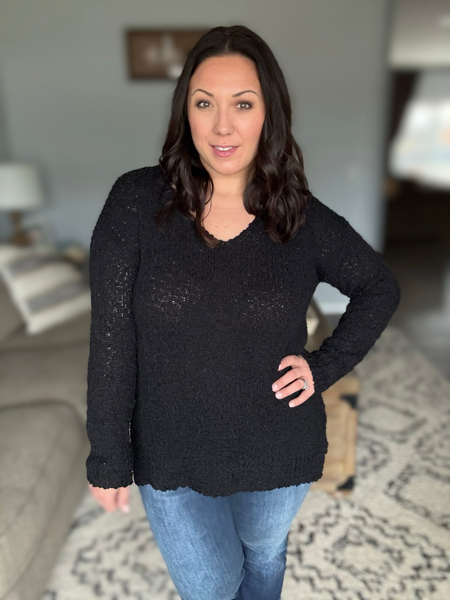 ADORA High-Low Side Slit V-Neck Sweater in Black