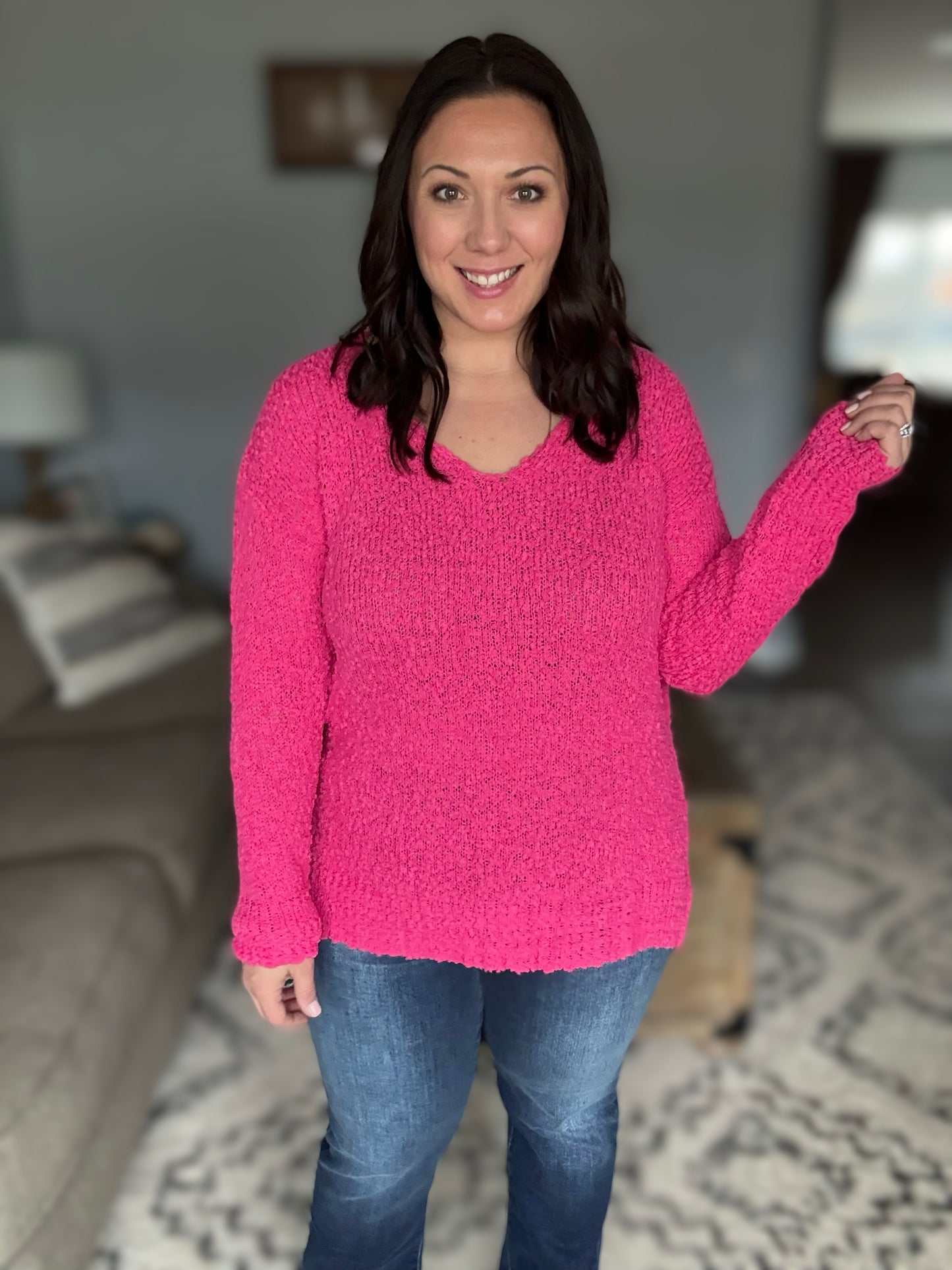 ADORA High-Low Side Slit V-Neck Sweater in Hot Pink