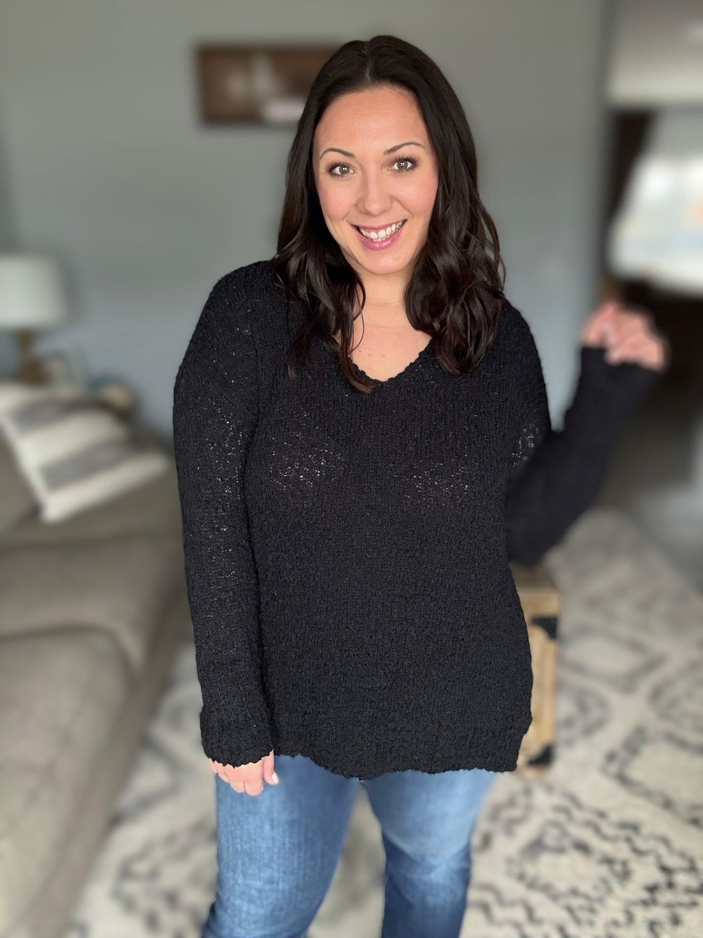 ADORA High-Low Side Slit V-Neck Sweater in Black