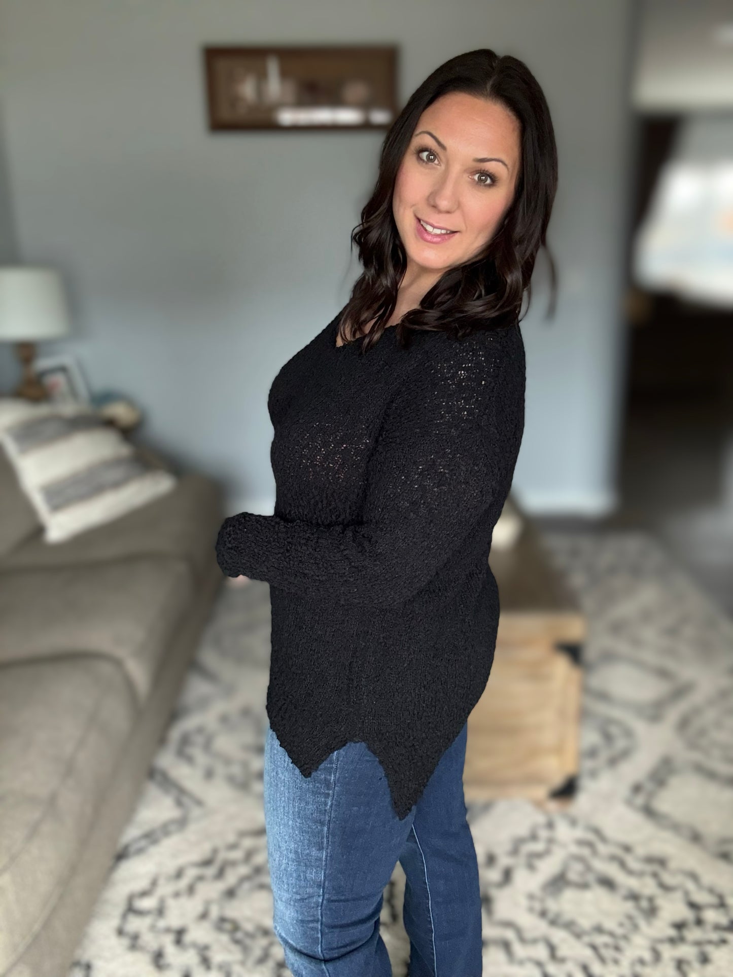 ADORA High-Low Side Slit V-Neck Sweater in Black