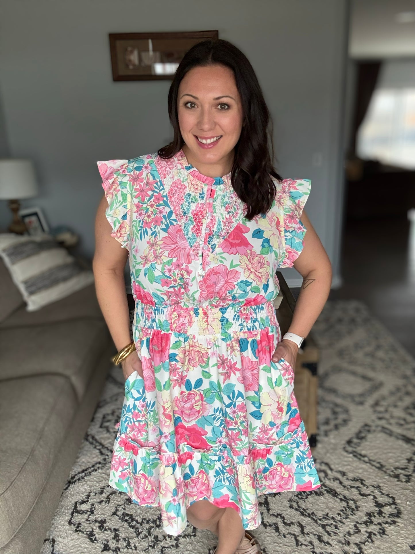 Under Your Spell Floral Smocked Flutter Sleeve Ruffle Mini Dress
