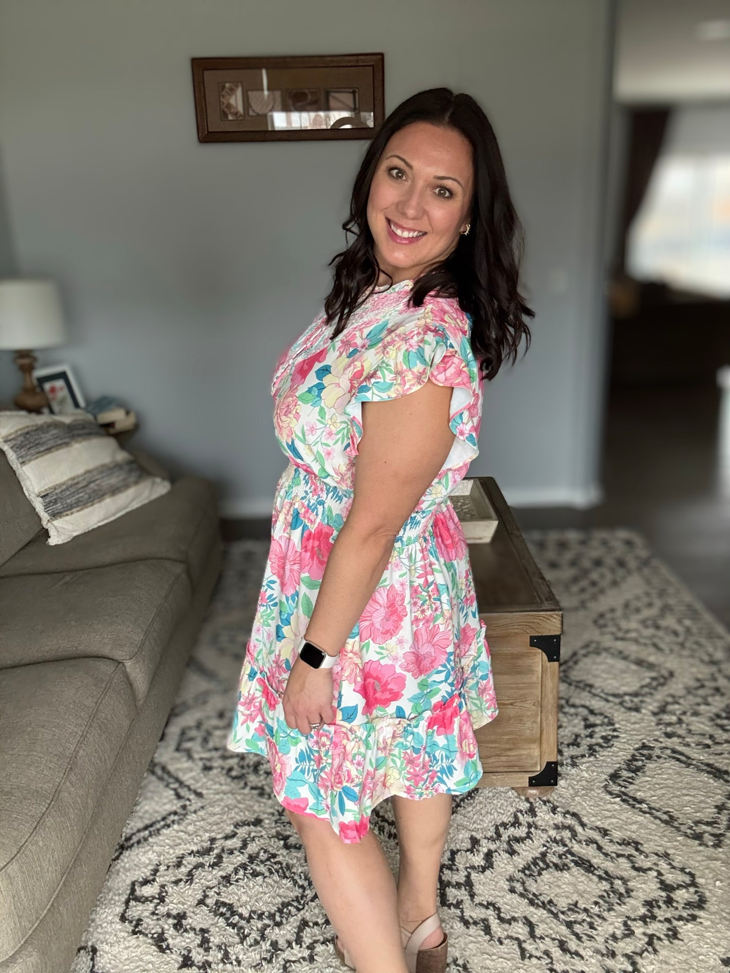 Under Your Spell Floral Smocked Flutter Sleeve Ruffle Mini Dress