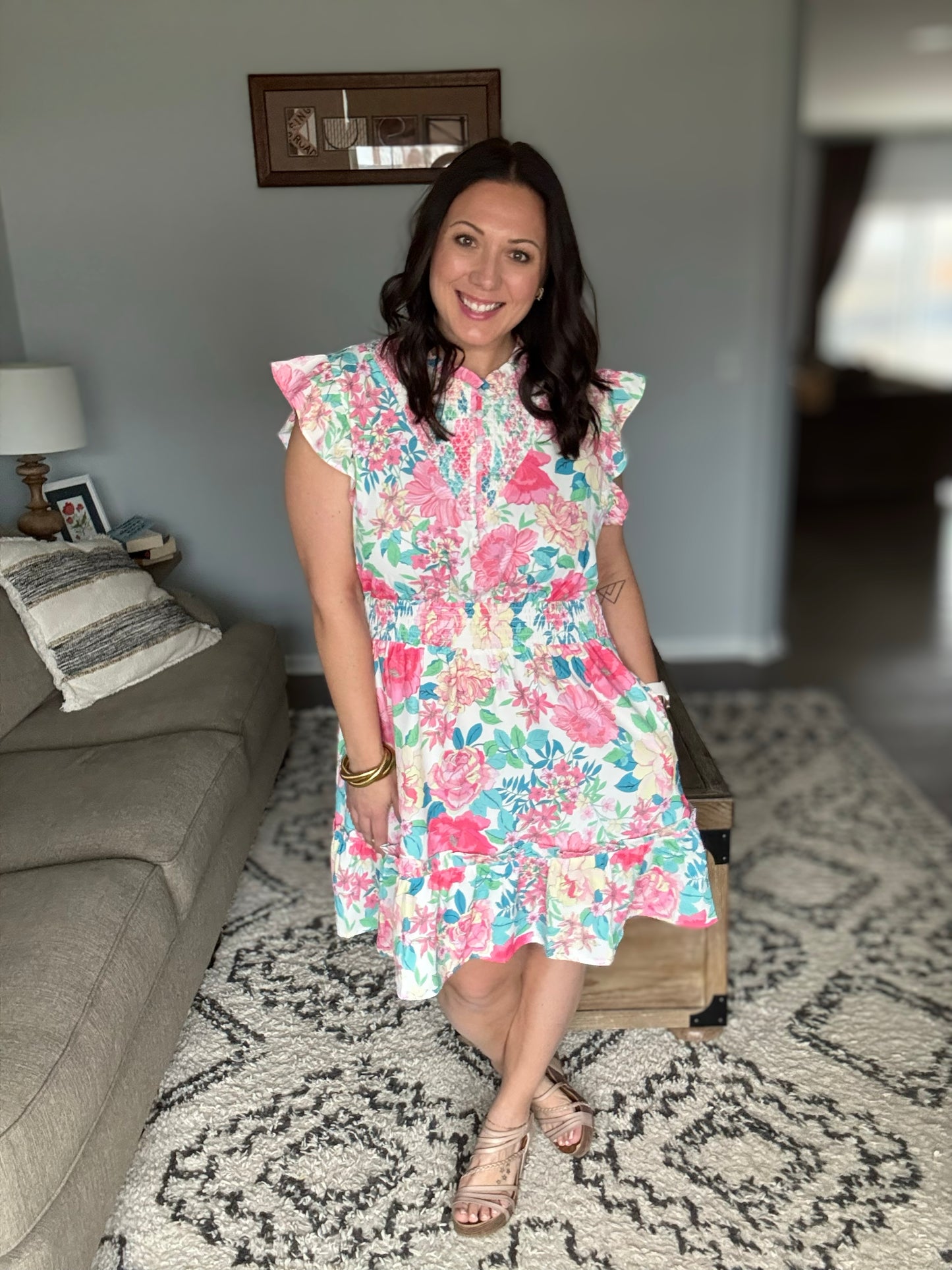 Under Your Spell Floral Smocked Flutter Sleeve Ruffle Mini Dress