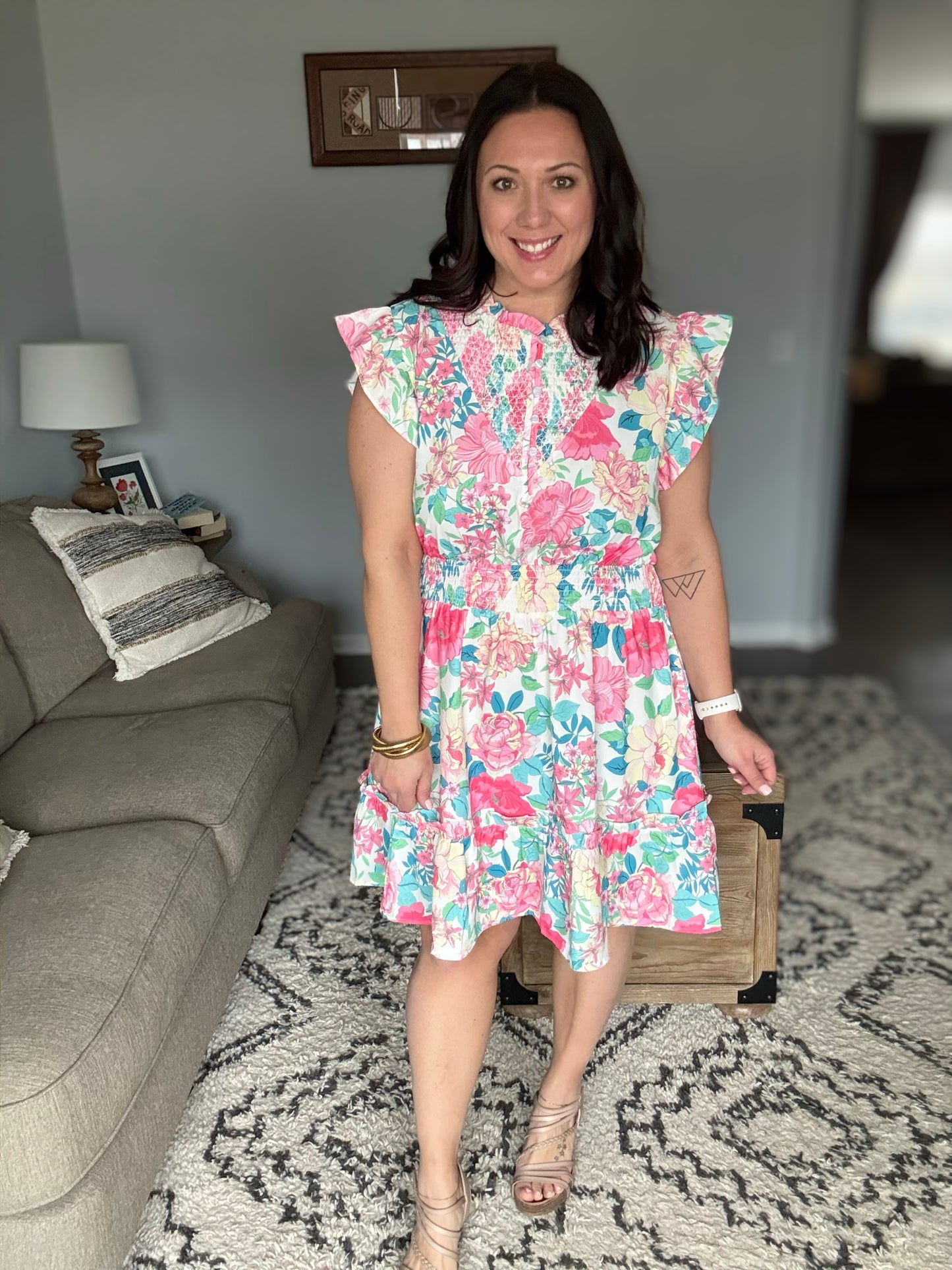 Under Your Spell Floral Smocked Flutter Sleeve Ruffle Mini Dress