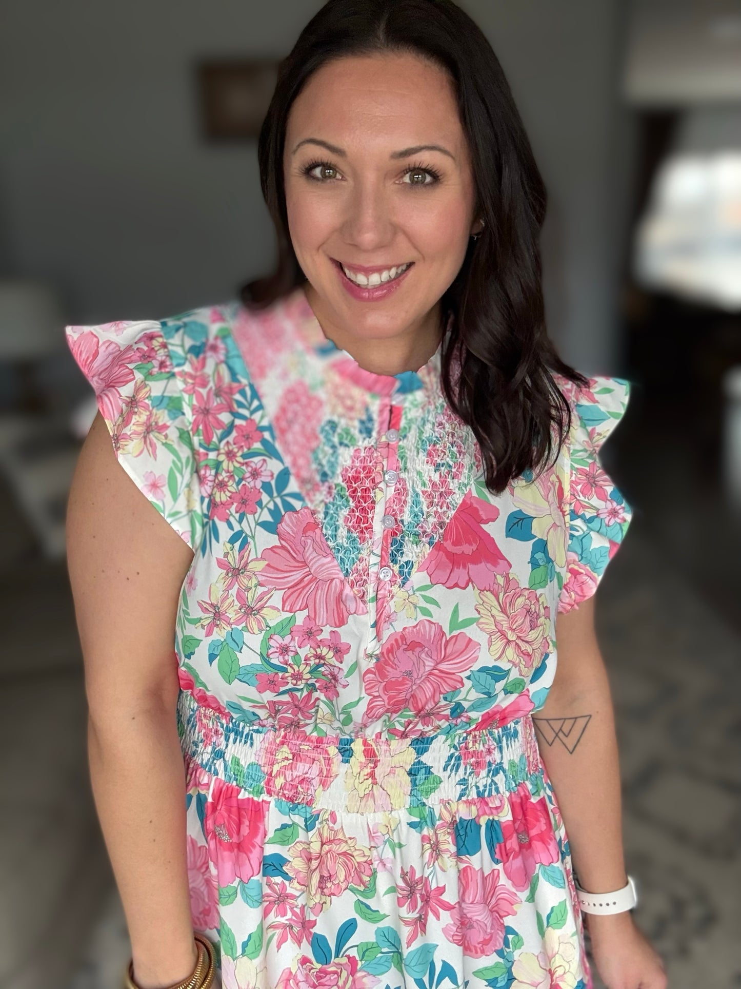 Under Your Spell Floral Smocked Flutter Sleeve Ruffle Mini Dress